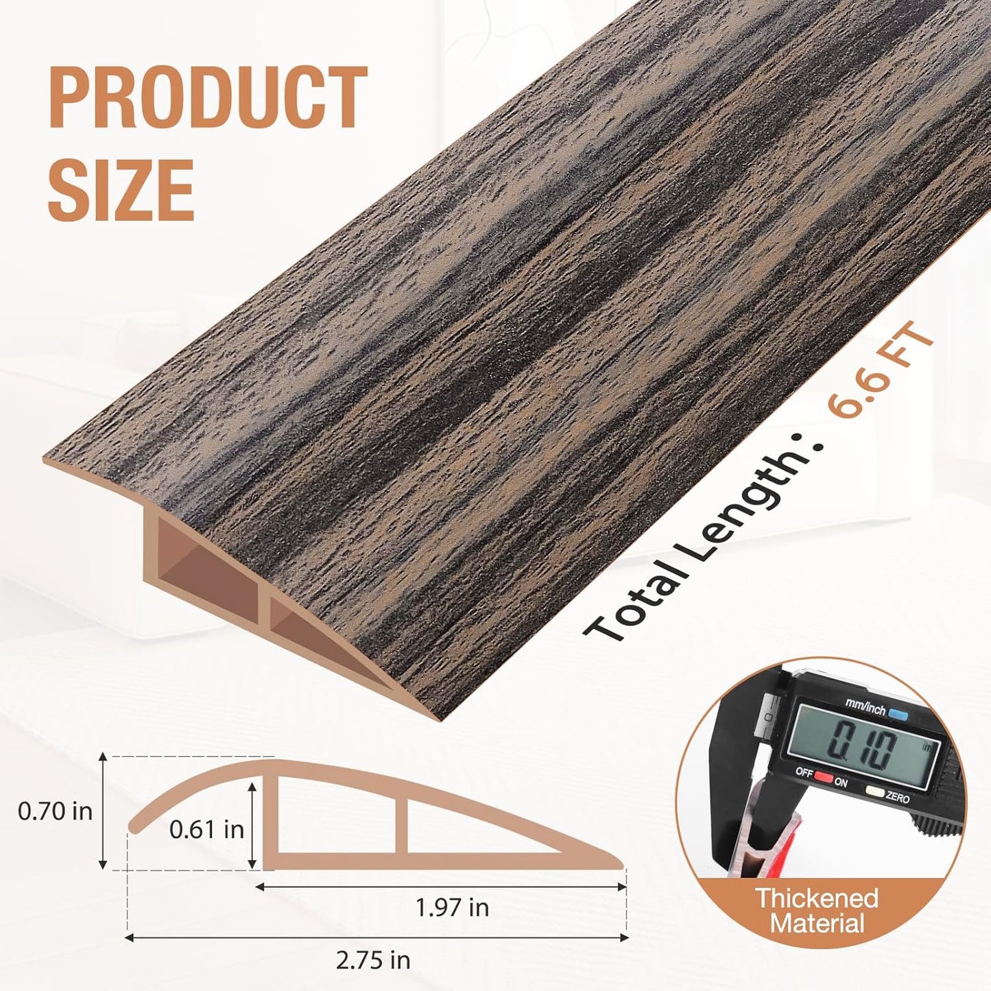 Floor Transition Strip Self Adhesive Vinyl Door Threshold for Doorways Carpet Edging Trim Overlap Edge Reducer for Laminate Floor, Carpet, Tile (Smoked Brown Wood Grain, 2/5" to 3/5", 6.6Ft)