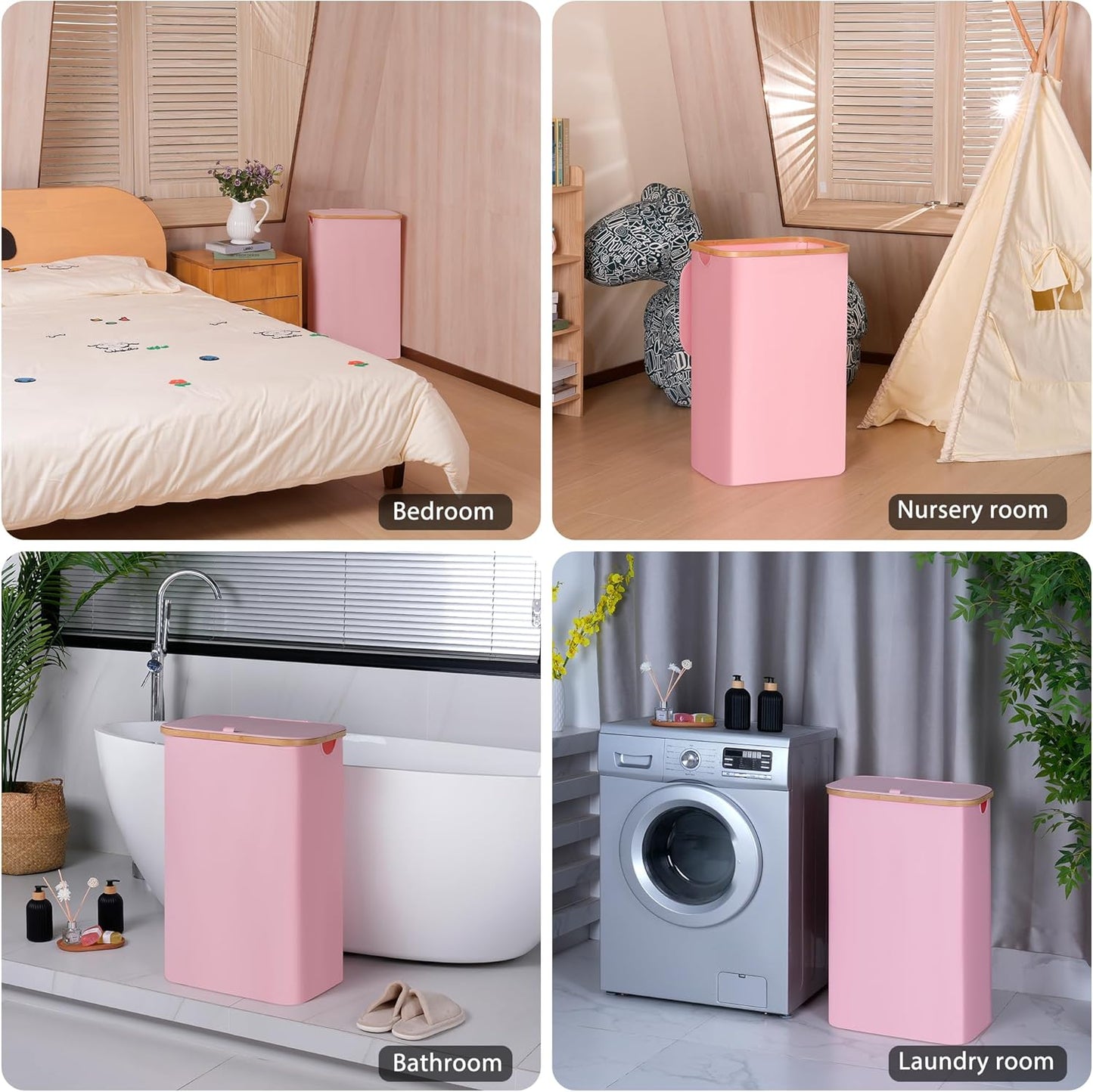 100L Laundry Hamper with Lid, Lagre Basket with Bamboo Handles,Foldable Clothes Hamper Tall Dirty Laundry Basket for Clothes Toys Towels Organizing,Pink