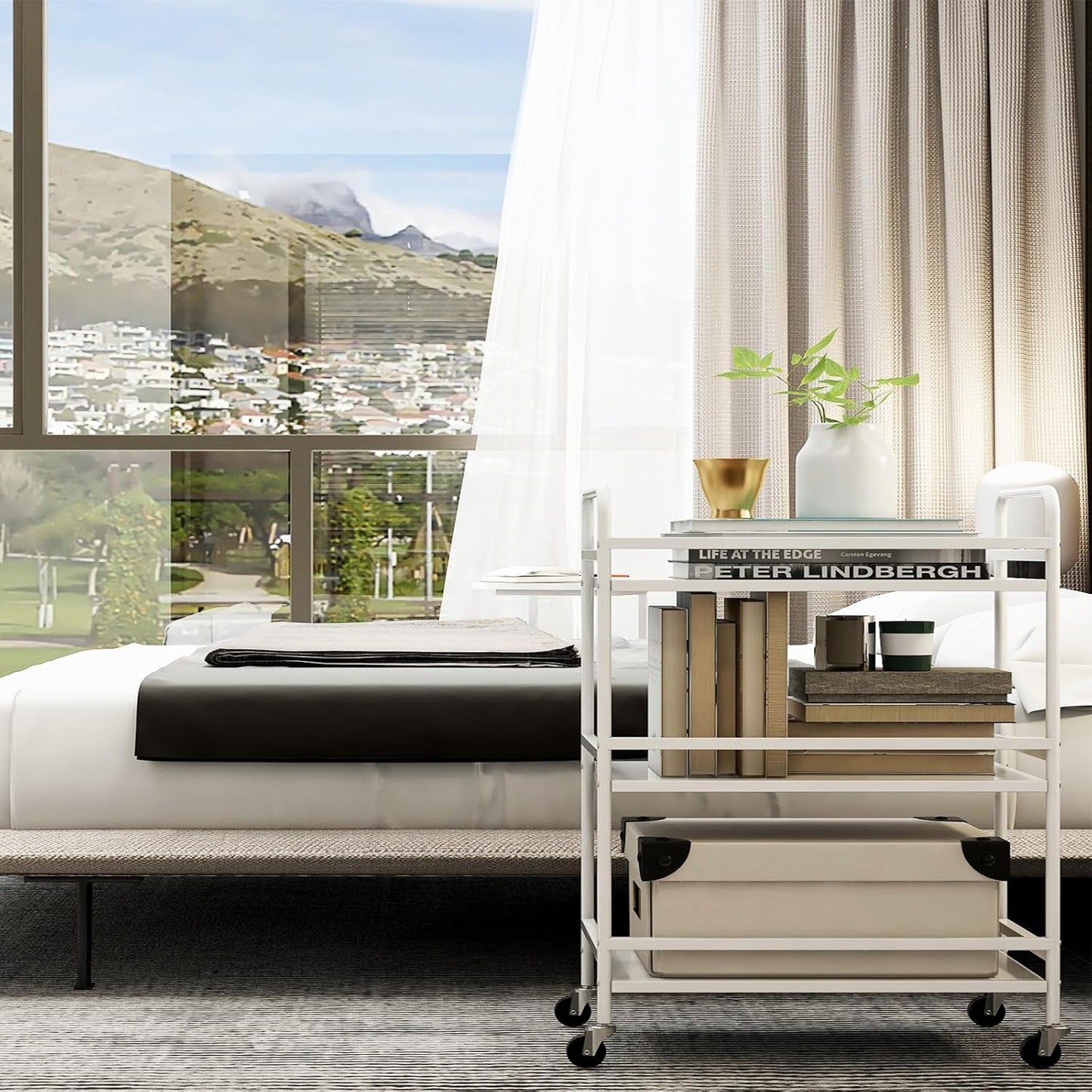 HDANI 3 Tier Metal Utility Multipurpose Rolling Cart, Large Capacity Heavy Duty With Lockable Wheels for Home, Office, Kitchen, Bathroom, Bedroom (White)