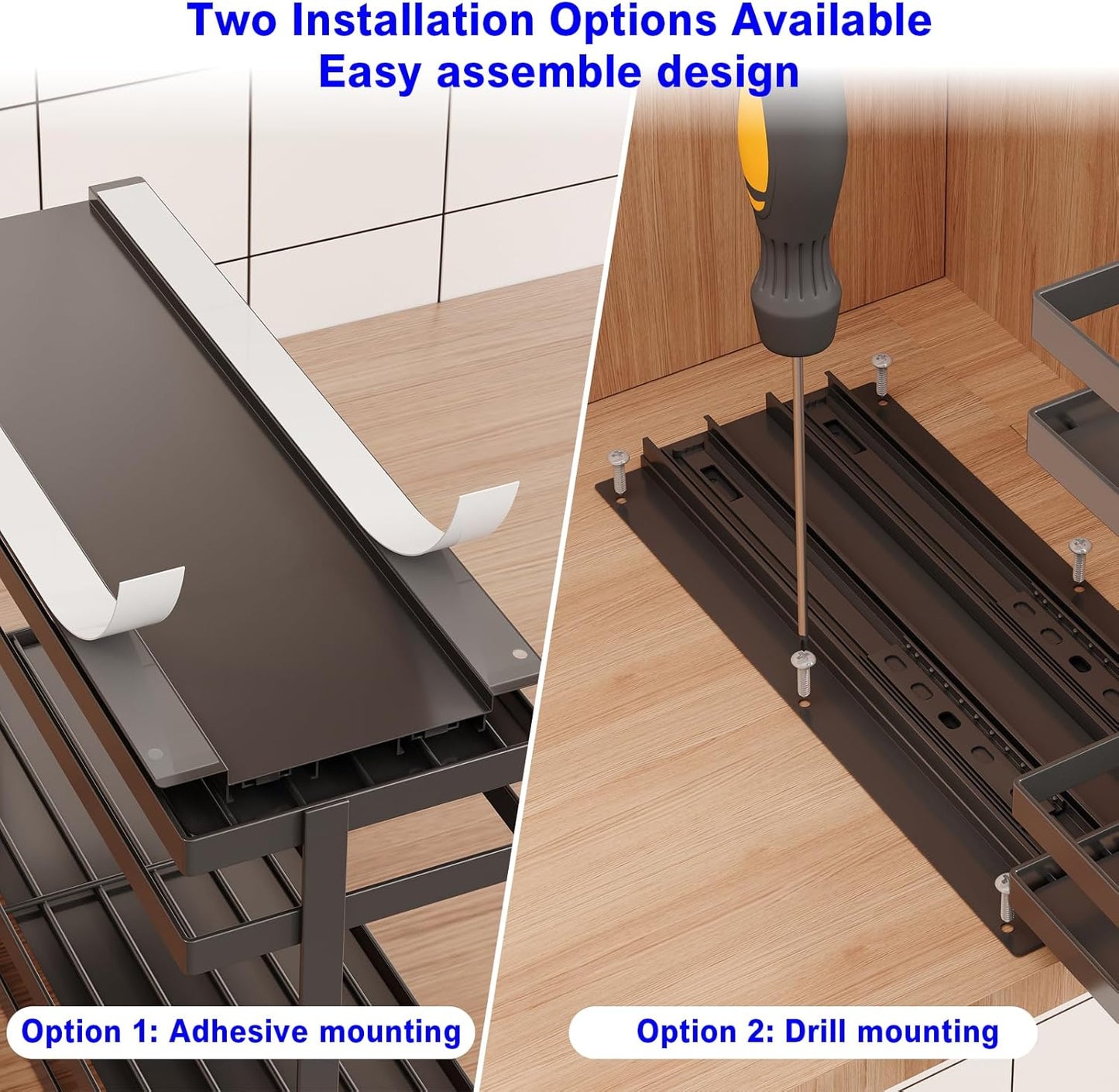 Pull Out Spice Rack Organizer for Cabinet, 2 Tier Metal Slide Out Seasoning Organizer and Storage Heavy Duty Vertical Spice Rack Shelf Pullout for Kitchen Cabinets No Drilling(1 Pack, Black)