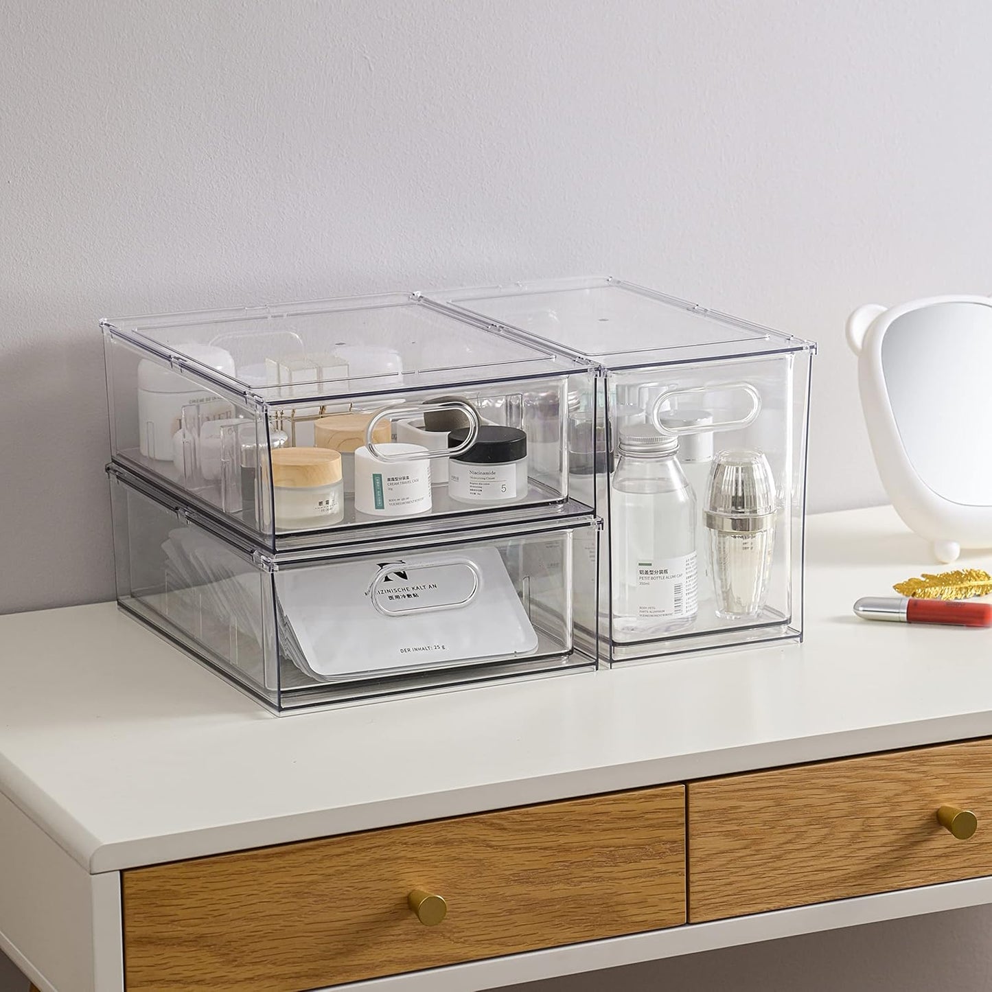 MineSign Stackable Fridge Drawer Pull-Out Bins with Handles 3 Pack Large Clear Food Container with Removable Dividers Refrigerator Storage box Divided Produce Saver for Pantry Kitchen