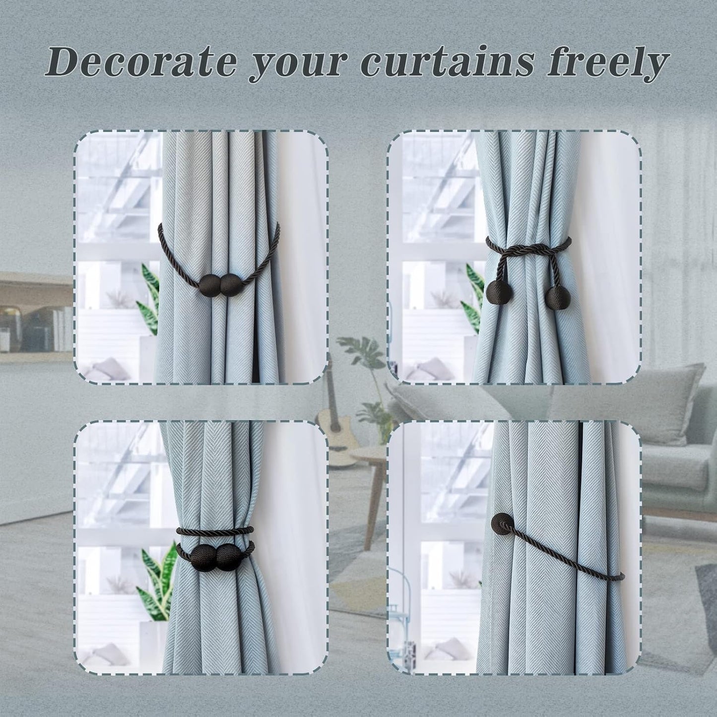 Hion Magnetic Curtain Tiebacks 4 Pack, Nickel-plated Metal and Polyester, Black