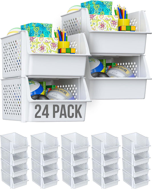 TidyFriend Plastic Stackable Bins for Pantry, 24 Pack Large Stacking Bins Open Front Kitchen, and Bathroom Organization, Open Front Design (White)