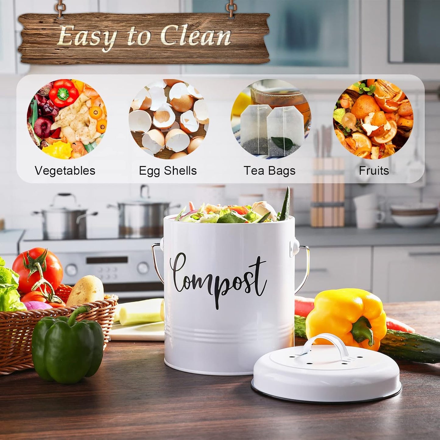 Compost Bin Kitchen, 1.3 Gallon Farmhouse Kitchen Compost Bin Countertop, Indoor Countertop Compost Bucket with Lid and Charcoal Filters, White