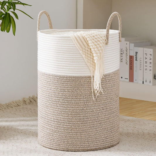 YOUDENOVA Woven Rope Laundry Hamper Basket, 58L Tall Laundry Basket, Baby Nursery Hamper for Blanket Storage in Bedroom-Large-Brown