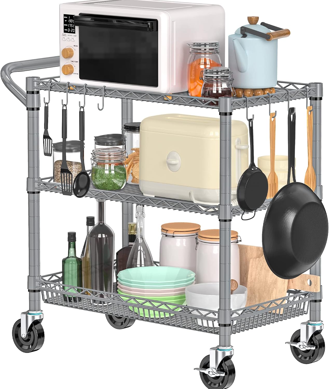 Metal Heavy Duty Carts with Wheels 1050lbs, 3 Tier Rolling Utility Cart with Storage, Steel Wire Carts with Handle Bar&Shelf Liner, Commercial Grade Trolley for Kitchen, Grocery