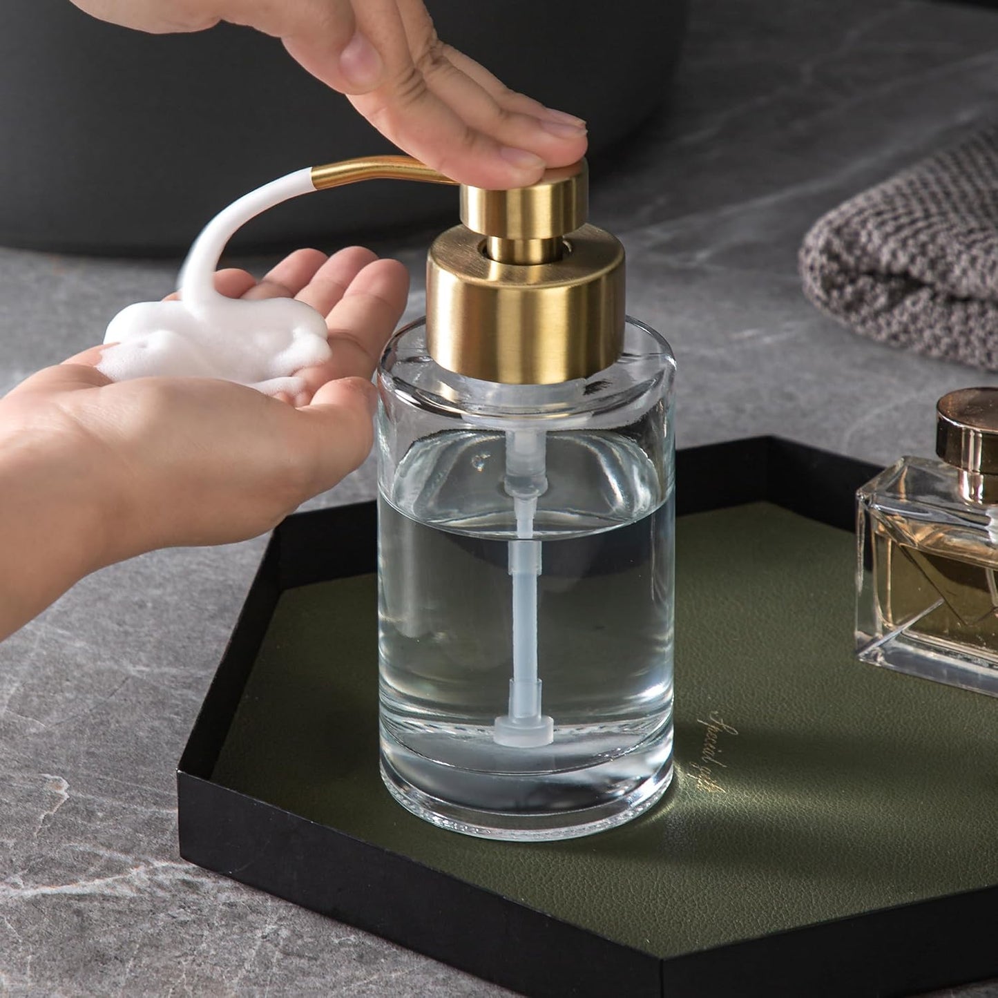 Enra Foam Soap Dispenser,12oz Thick Glass Bathroom Soap Dispenser with Stainless Steel Gold Pump for Bathroom Kitchen(Clear/Gold Poam Type)