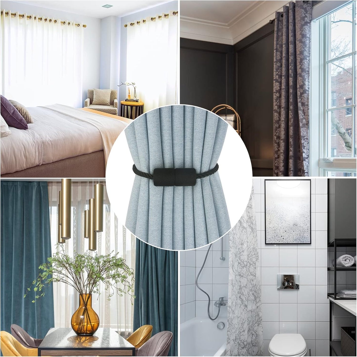 Magnetic Curtain Tiebacks 4 Pack Black Curtain Rope Tieback Curtain Holders for Drapes Modern Tie Backs Decorative Curtain Holdbacks