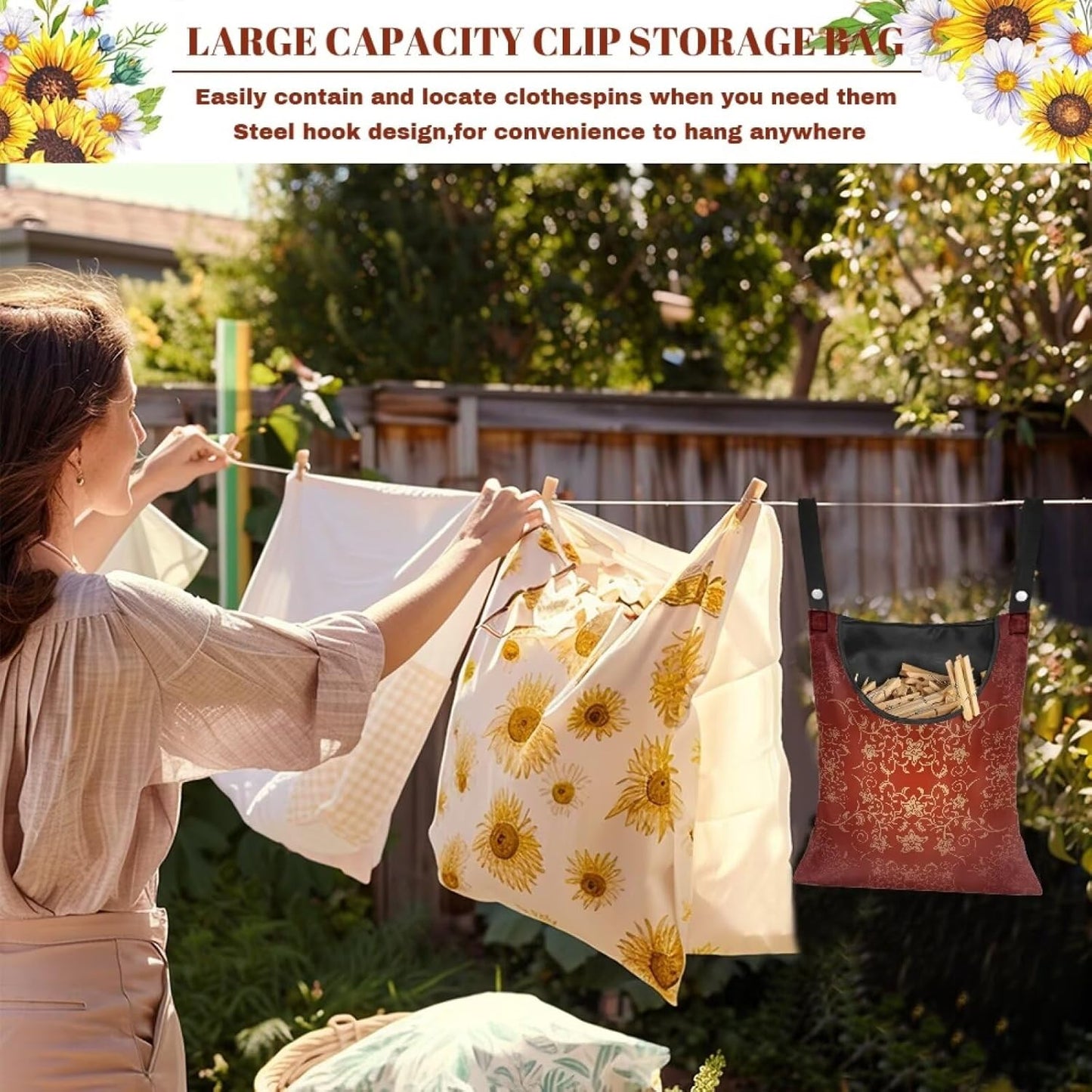 Home Outdoor Clothespin Holder - Windproof & Water Resistant Storage Bag - Commercial Quality Hanging Organizer for Laundry Businesses Classic Flower Pattern Print 14.5x12in