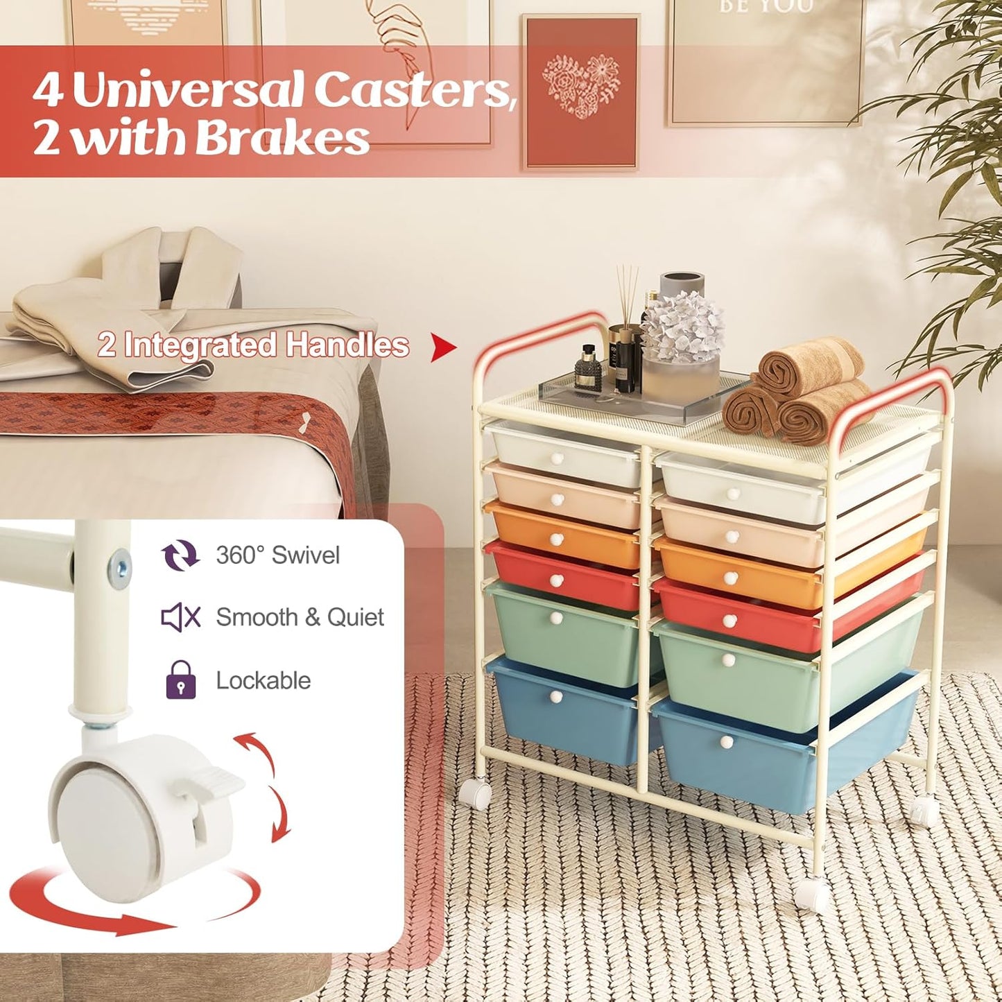 GOFLAME 12-Drawer Rolling Storage Cart, Multipurpose Organizer with 2 Sizes Plastic Drawers, Mobile Utility Cart with Lockable Casters for Home, Office, Beauty Salon, School, Macaron Color