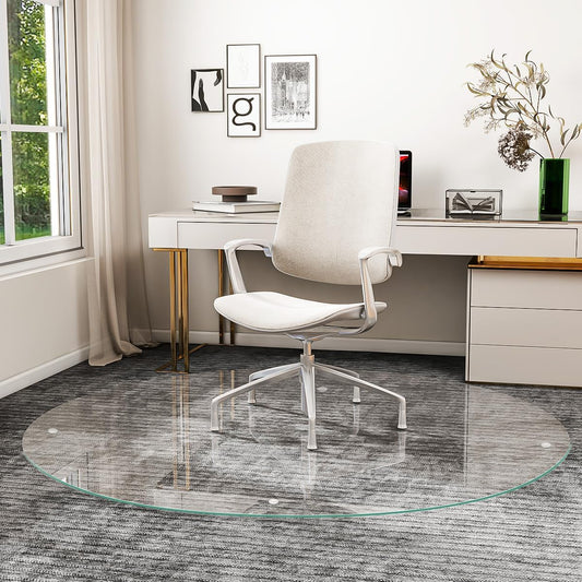 [Tempered Glass] 55" x 55" Round Glass Chair Mat, Heavy Duty Hard Floor Mat with Round Corner and Polished Edge, Office Chair Mat for Carpet Office Home Hardwood Floor Desk