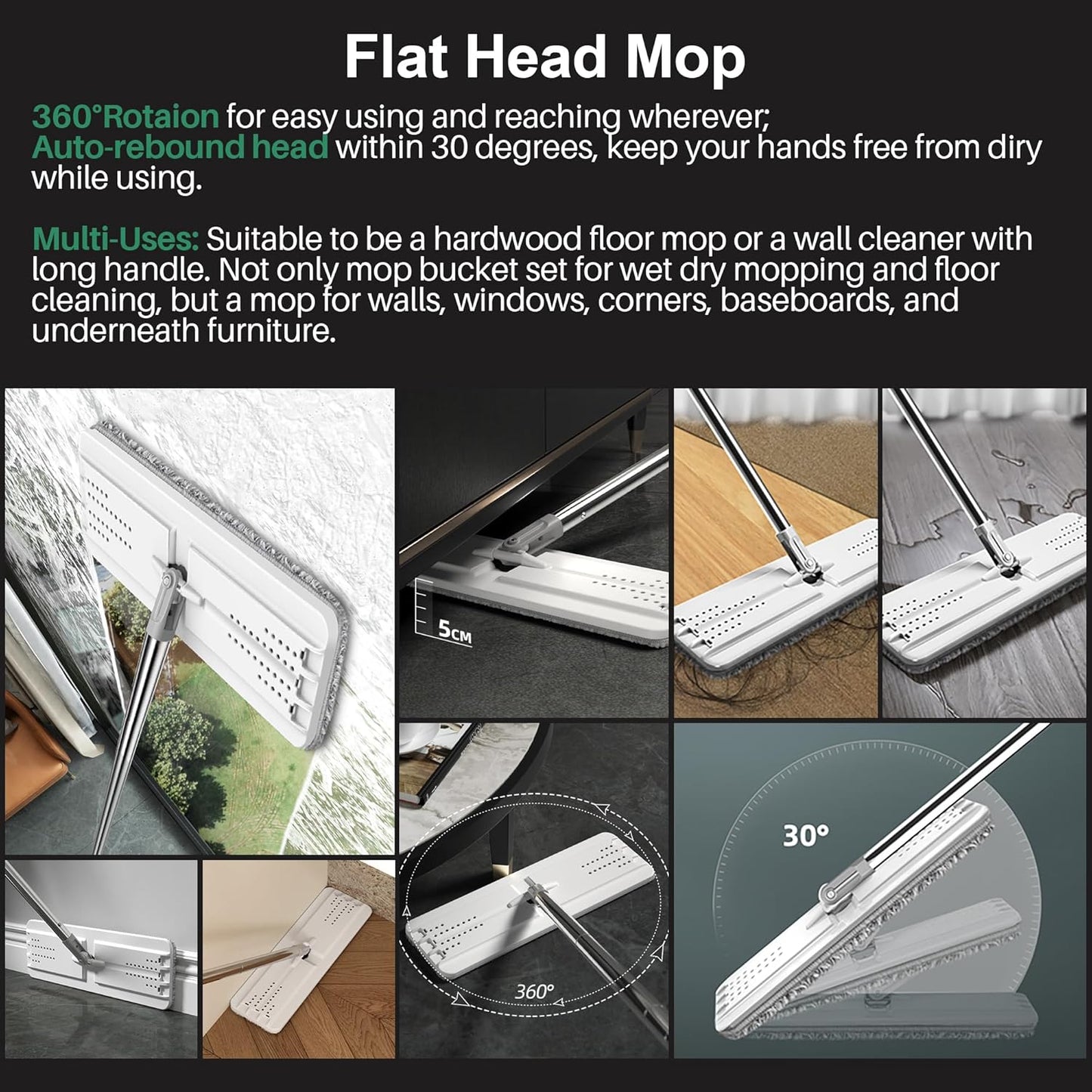 JOYMOOP Mop and Bucket with Wringer Set for Home, Flat Mop and Bucket System, Mops for Floor Cleaning and Wall Cleaner, with 3 Reusable Microfiber Mop Pads