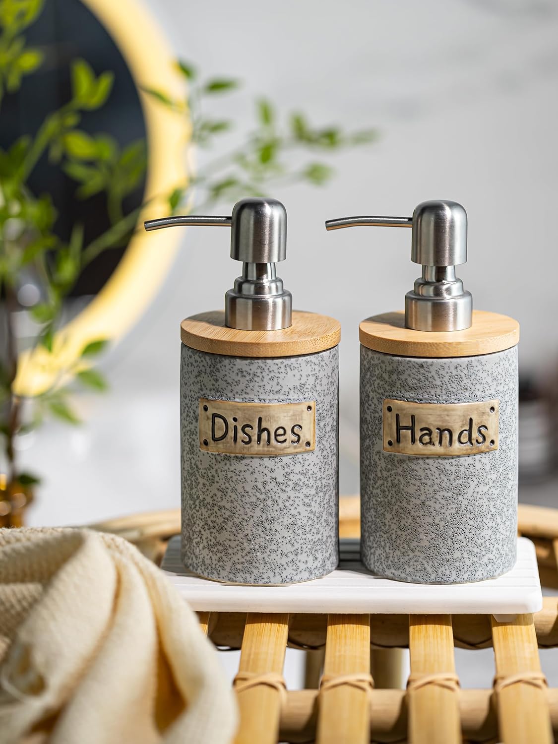 Hand and Dish Soap Dispenser Set, Ceramic Kitchen Soap Dispenser for Bathroom Lotion, Body Wash, Includes Instant Dry Tray, Collapsible Funnel, 15 Oz, Gray