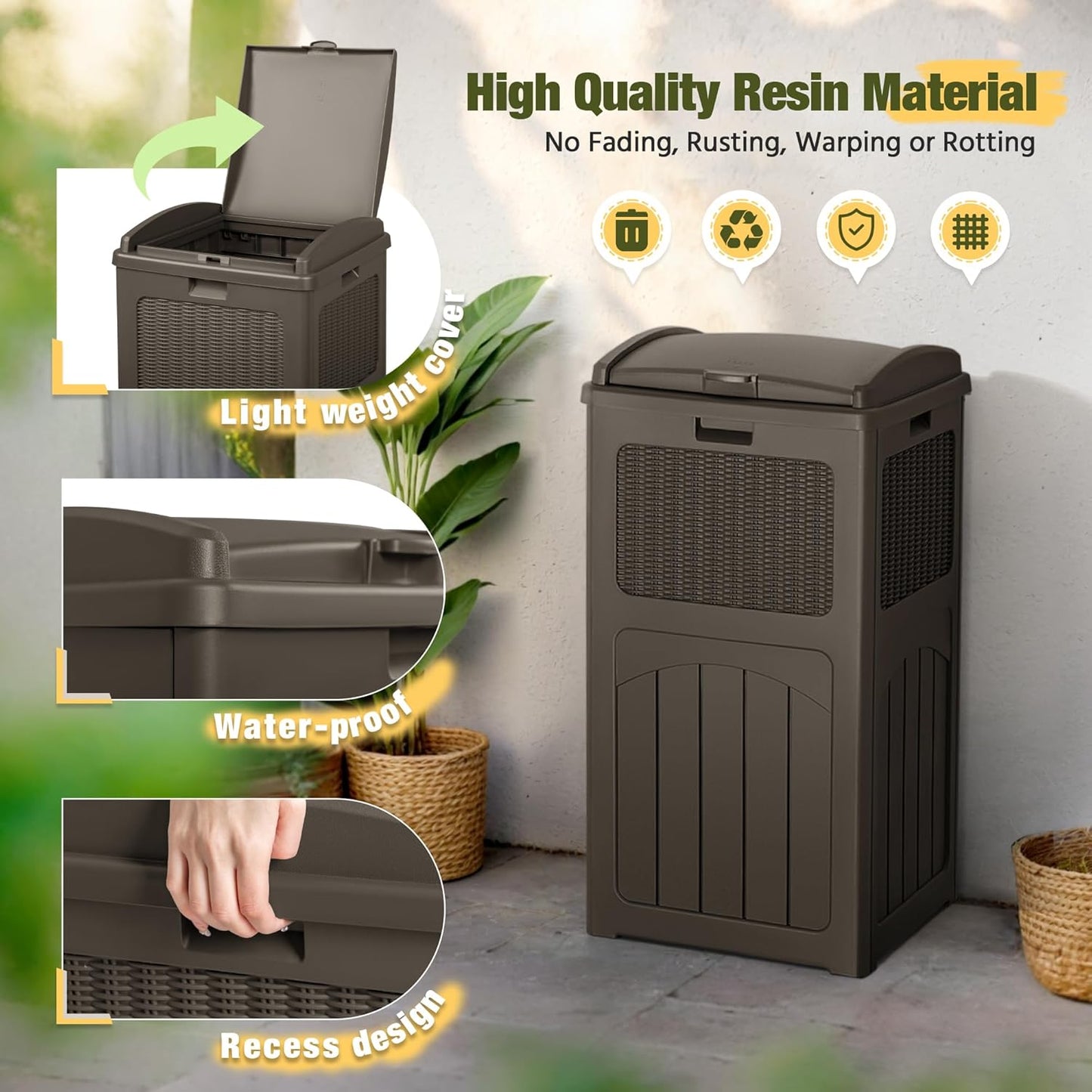 Devoko 33 Gallon Outdoor Trash Can with Dual Lid, Heavy Duty Waterproof Resin Garbage Bins Outside, Hideaway Waste Bins for Patio, Outside Pool, Backyard and Deck (2, Deep Brown)