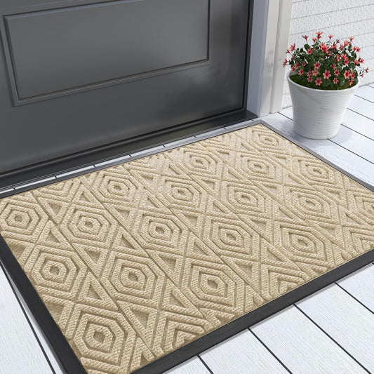 Yimobra Door Mat, Outdoor Indoor Entrance Welcome Mat, Heavy Entry Front Door Mat, Stain & Fade Resistant, Low Profile, Sturdy Rubber, Easy Clean Patio Floor Mat, Waterproof, 29.5 x 17, Light Beige