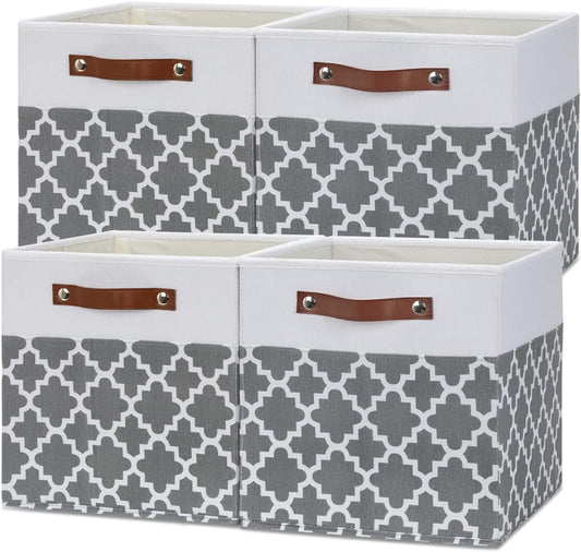 Temary 12x12x12 Fabric Storage Bins 4 Pack with Leather Handle, Foldable Cubes Storage Box Baskets for Closet, Shelf (White&Lattice)