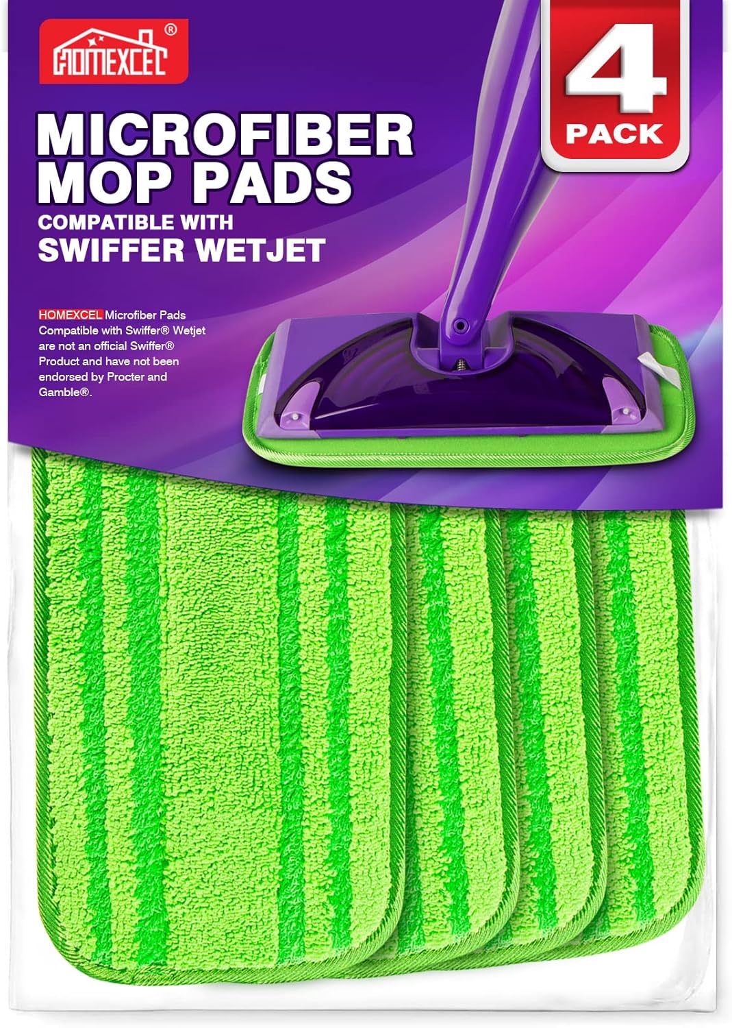 HOMEXCEL Microfiber Mop Pads Compatible with Swiffer Wet Jet-15"x5.5", Reusable and Machine Washable Floor Pad Refills, Mop Head Replacements for Multi Surface Wet & Dry Cleaning, Pack of 4