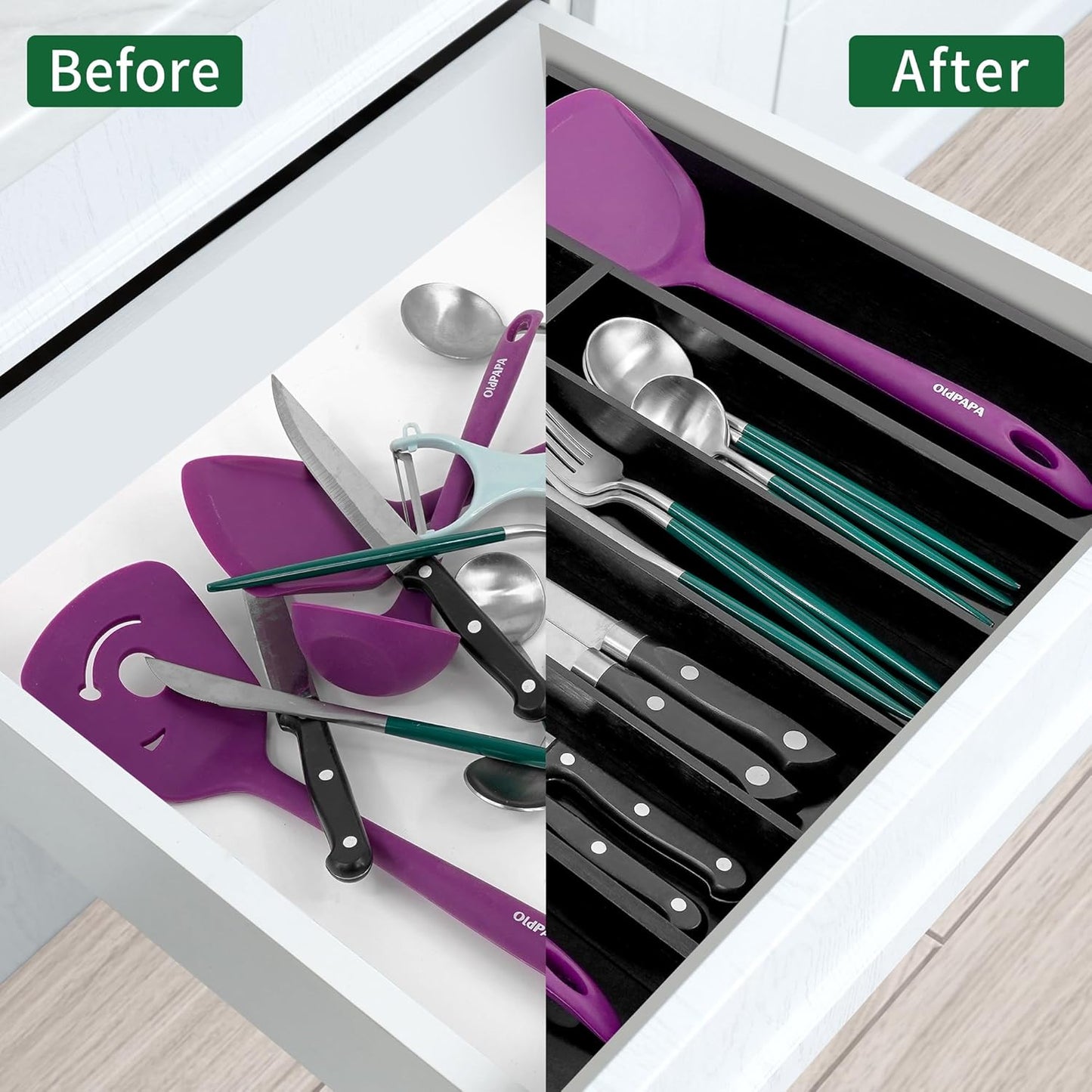 Utoplike Bamboo Silverware Drawer Organizer, Expandable Kitchen Utensils Drawer Organiser, Cutlery Tray Dividers, Flatware Caddy Drawer Insert, Office Supplies, Black 5-7 Slot