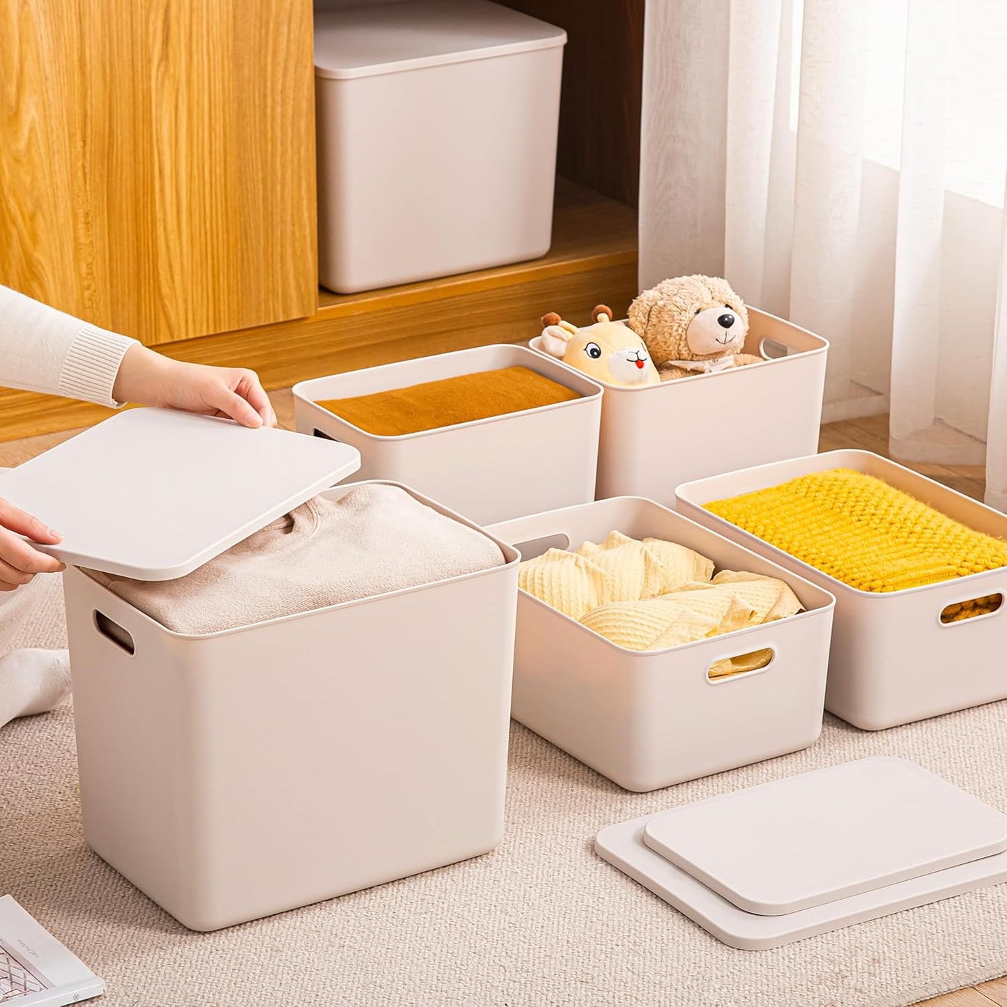 Plastic Storage Bins with lids,Storage Baskets,Container with handle,Storage Organizer Bins for Shelves,Office,Bedrooms,Closets, Cabinets(Grey，4XL)