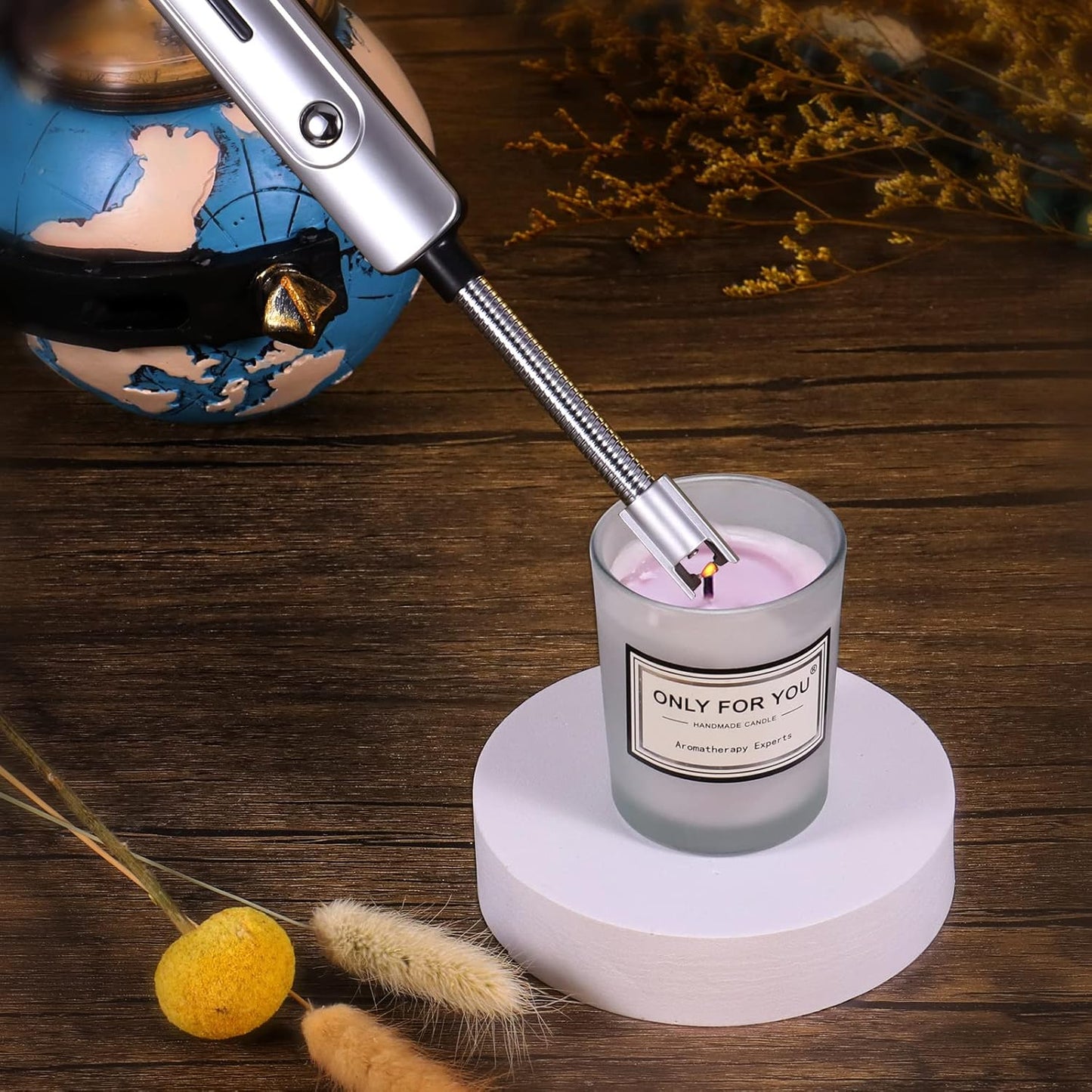 Lsnisni 4 in 1 Candle Accessory Set, Electric Lighter, Wick Cutter, Snuffer and Dipper, Steel Wick Trimmer Set - Silver