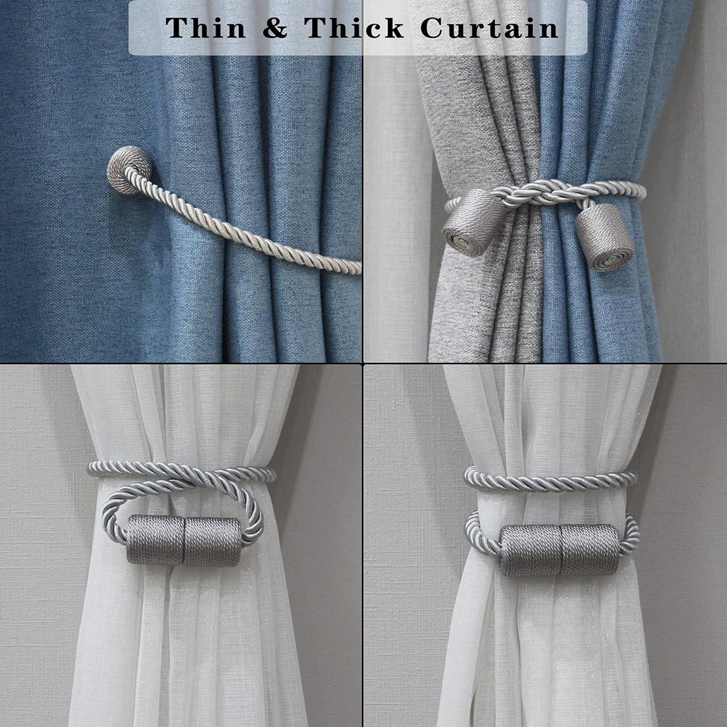 4 Pack Strong Magnetic Curtain Tiebacks Outdoor Elegant Decorative Tie Backs Modern Rope Tiebacks for Drapes Window Curtain Holdbacks for Draperies- Grey