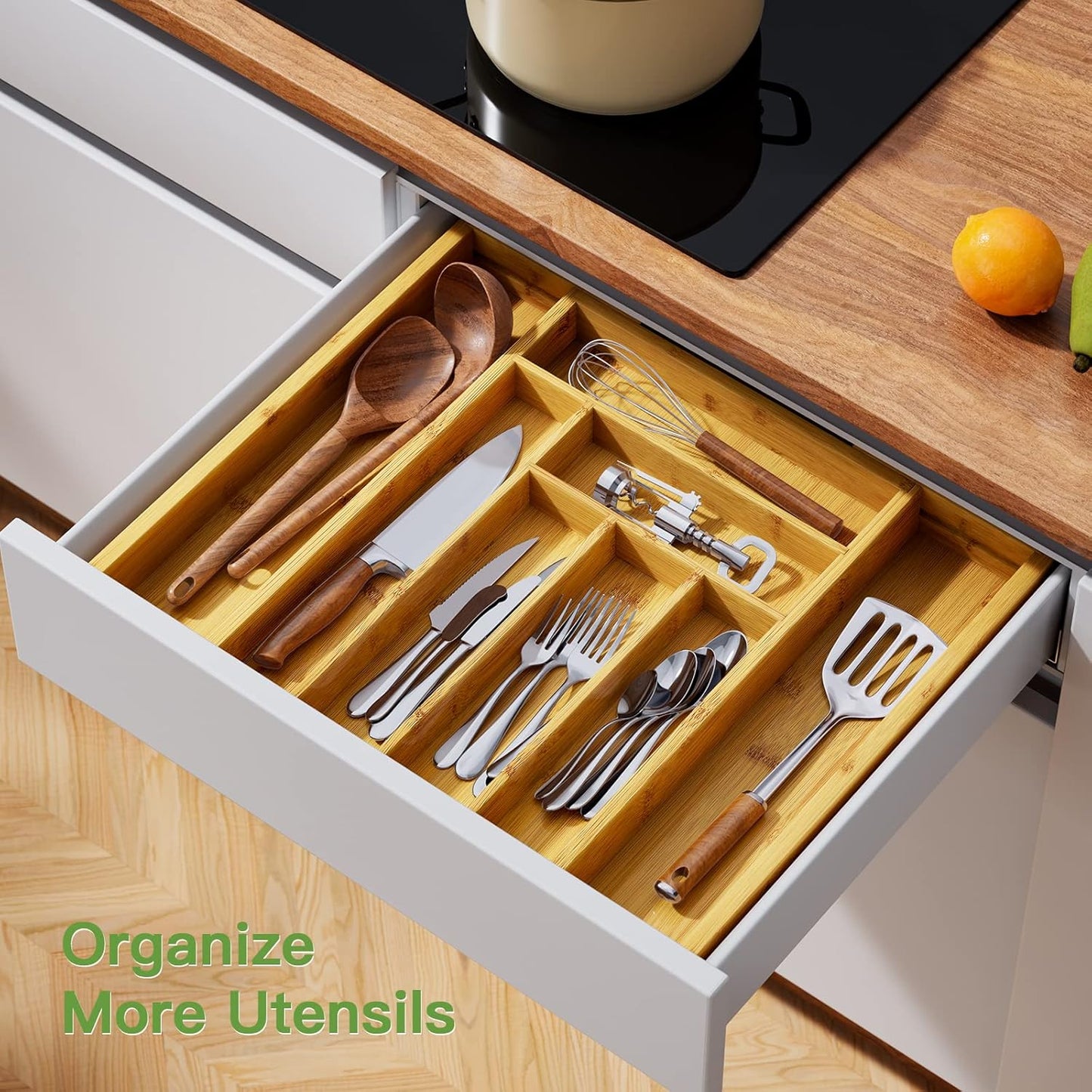 Pipishell Bamboo Silverware Organizer, Expandable Cutlery Tray, Utensil Drawer Organizer in Kitchen for Spoons Forks Knives, Multipurpose Use, Natural, Large
