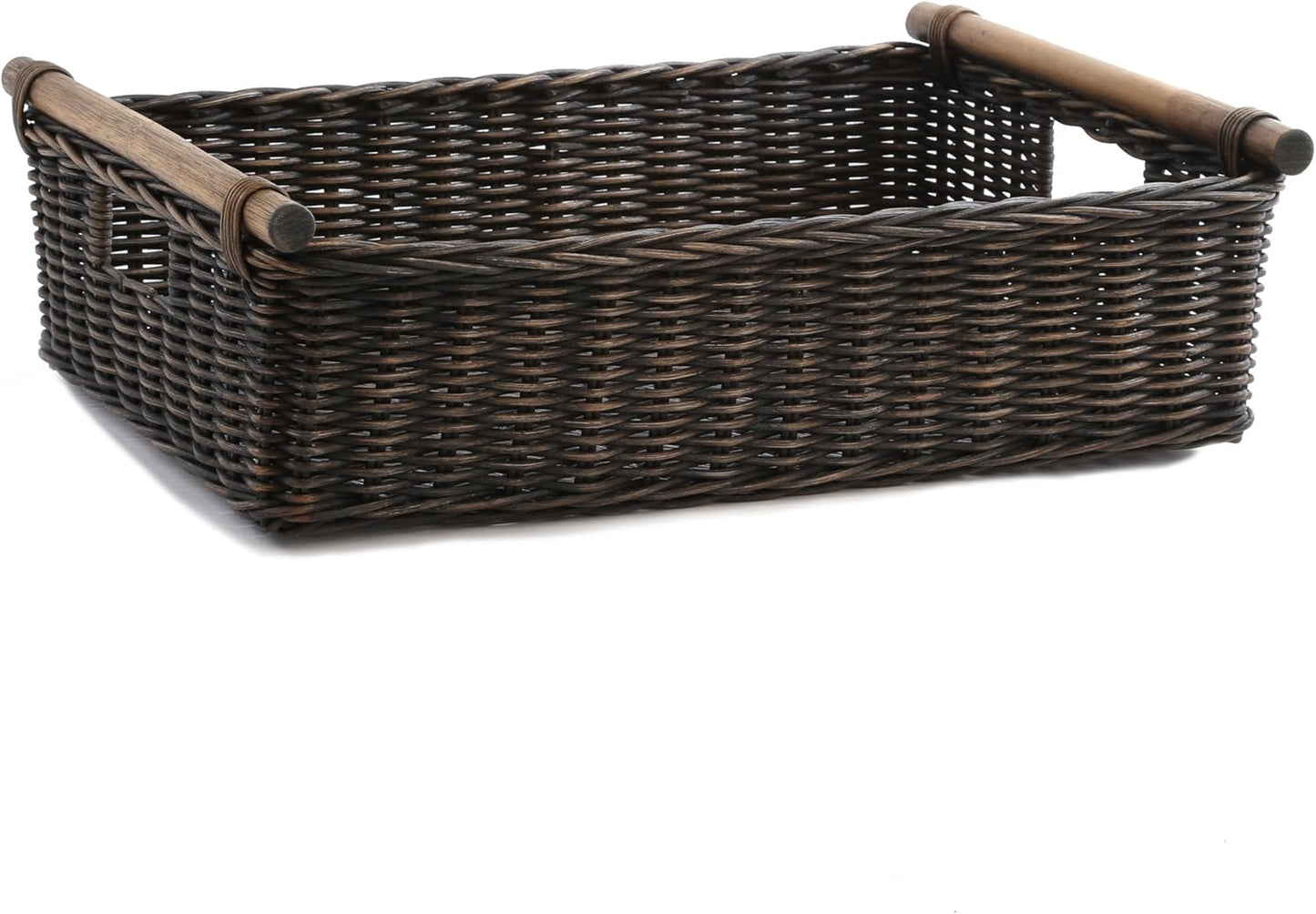 The Basket Lady Low Pole Handle Wicker Storage Basket, Extra Large, 21.5 in L x 14.5 in W x 6.5 in H, Antique Walnut Brown