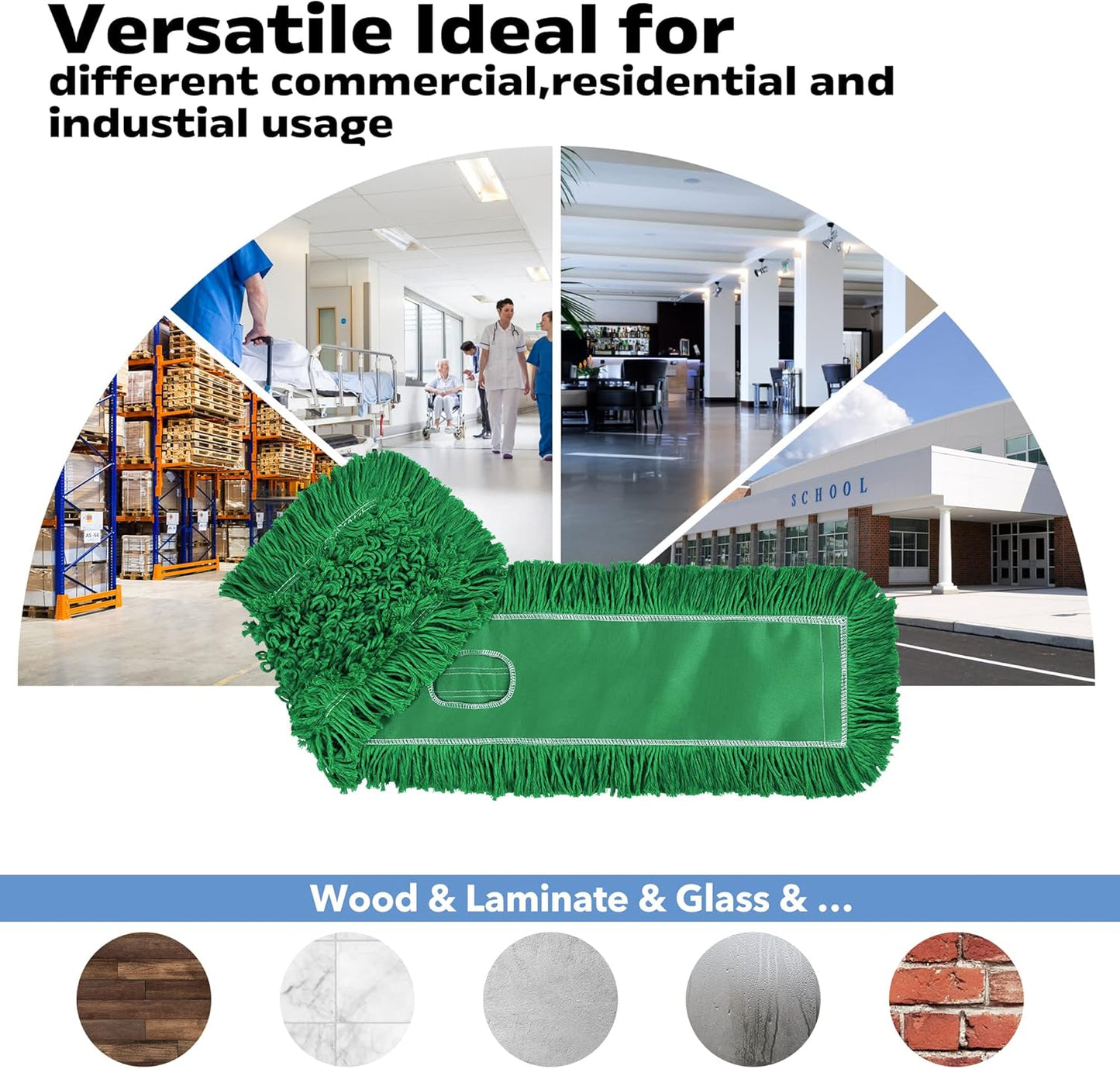 Matthew Cleaning 36'' Industrial Strength Cotton Dust Mop Refill Washable Replacement Heads for Residential & Commercial Use Fit Standard Dust Mop Frames, Hardwood, Concrete Floors Green 6 Pack