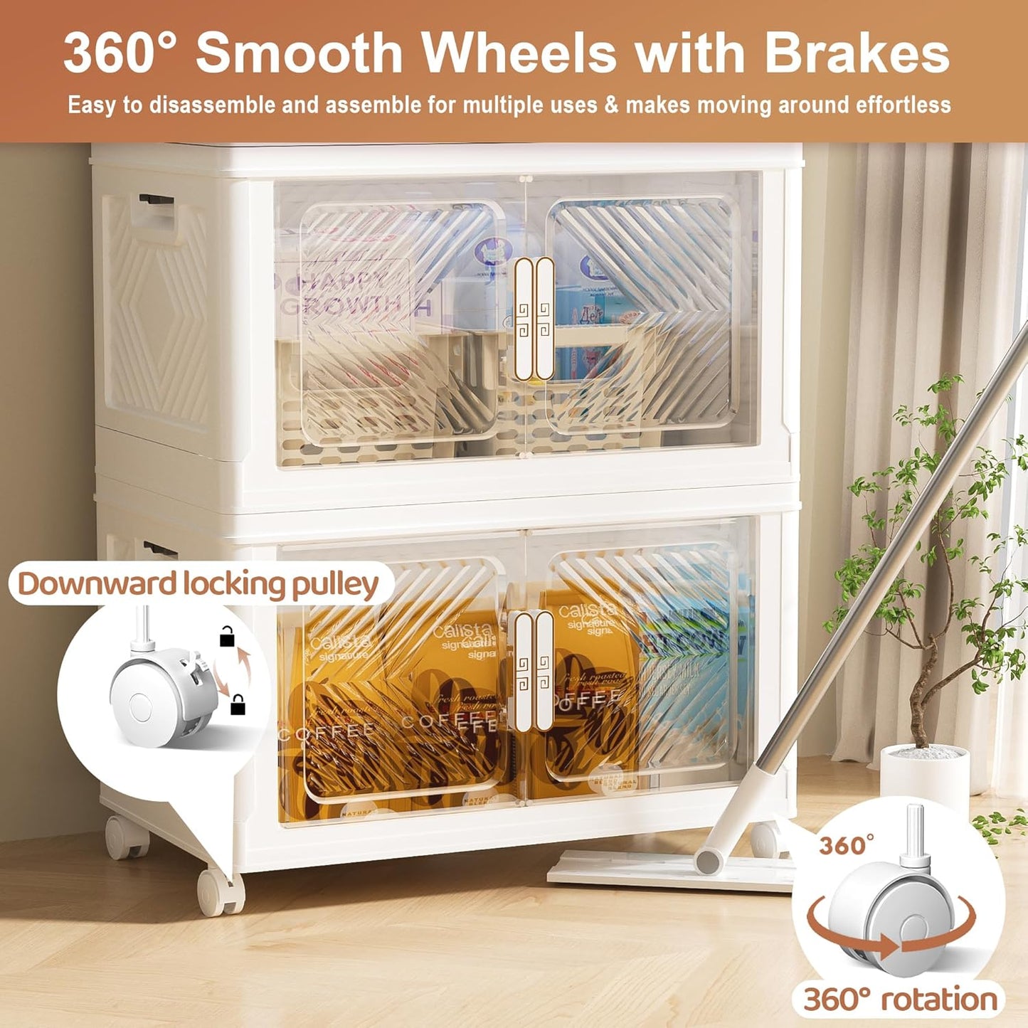 Storage Bins with Lid 76QT, Stackable Storage Containers with Wheels and Magnetic Doors, Plastic Clothes Closet Organizers and Storage Box for Pantry, Home and Office (5 Pack)