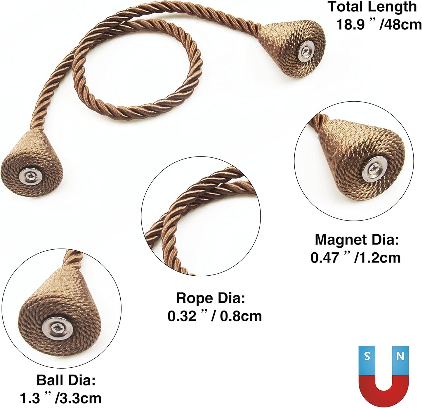 2 Pack Magnetic Curtain Tiebacks Rope Modern Handmade Curtain Tie Backs Decorative Drapes Weave Holdbacks for Window Décor, Khaki