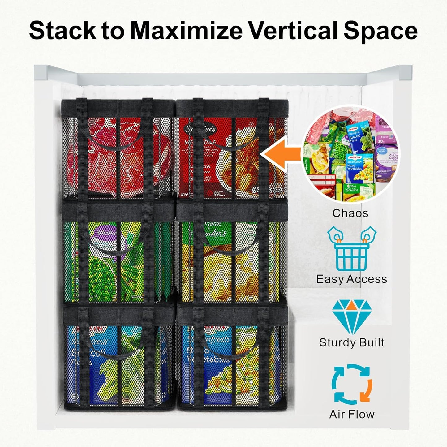 iSPECLE Freezer Organizer Bins - 3 Pack Large Stackable Deep Freezer Organizer Bins for 5 to 7 Cu.Ft Chest Freezers Easy Get Foods without Digging, Faster Freezing Better Freshness, Black