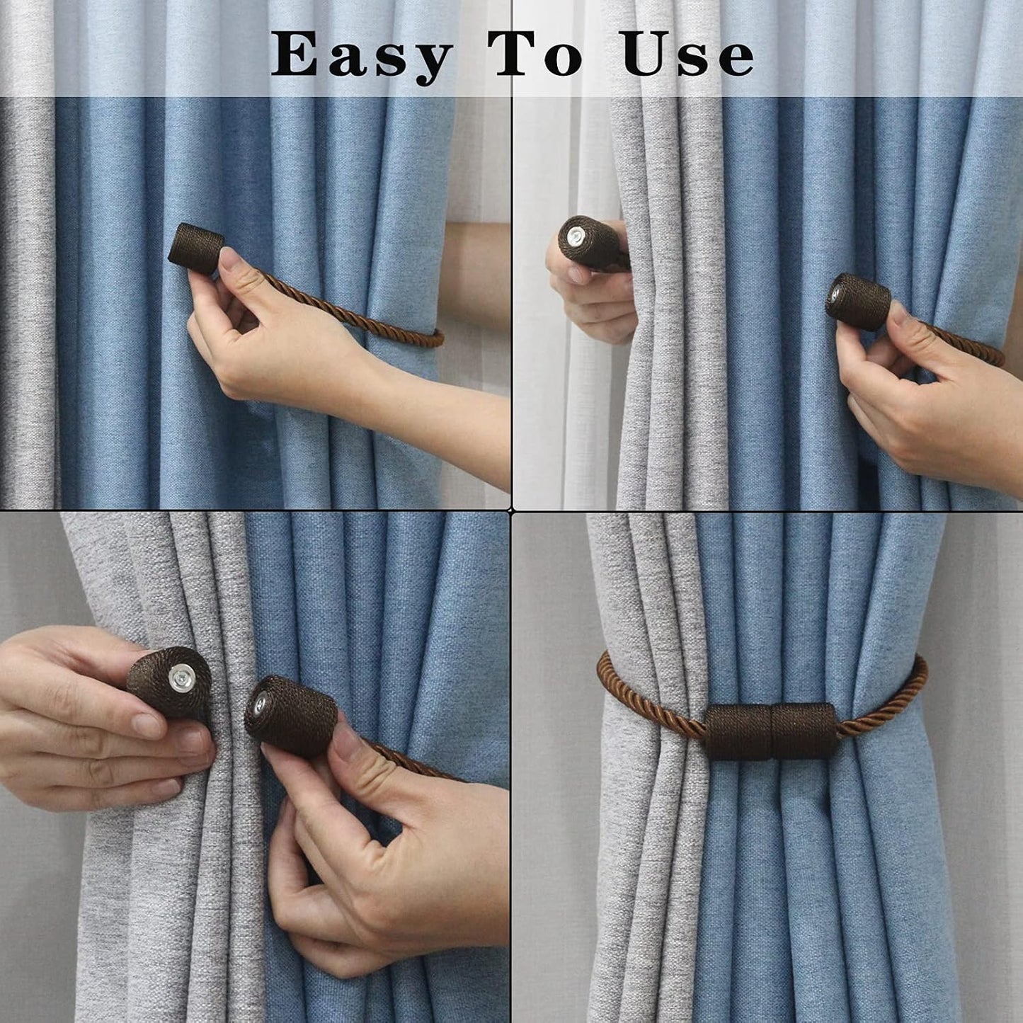 4 Pack Strong Magnetic Curtain Tiebacks Outdoor Elegant Decorative Tie Backs Modern Rope Tiebacks for Drapes Window Curtain Holdbacks for Draperies- Coffee