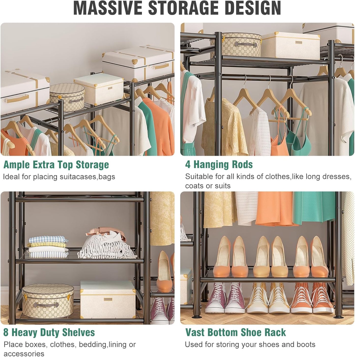 Wardrobe Closet Heavy Duty Clothes Rack, Portable Closet Organizer System with 4 Hang Rods & 8 Shelves, Metal Clothing Rack Garment Rack for Hanging Clothes, Max Load 890 LBS