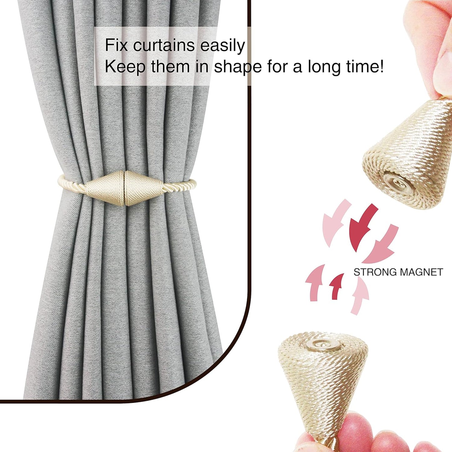 4 Pack Magnetic Curtain Tiebacks Rope Modern Handmade Curtain Tie Backs Decorative Drapes Weave Holdbacks for Window Décor, Beige