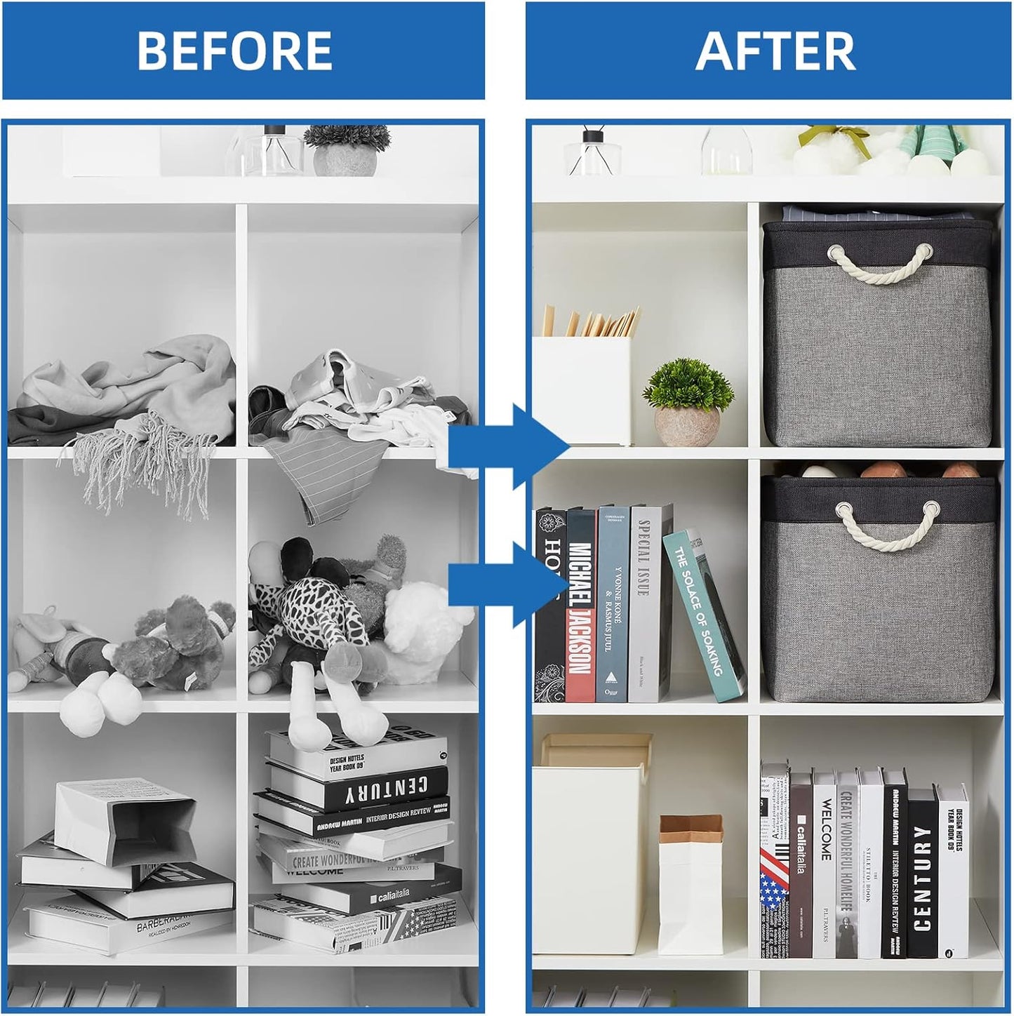 Temary Large Storage Baskets 2 Pack Cloth Basket for Shelves Collapsible Decorative Storage Organizer Baskets Canvas Storage Bins with Handles for Home(Grey&Black,16Lx12Wx12H Inches)