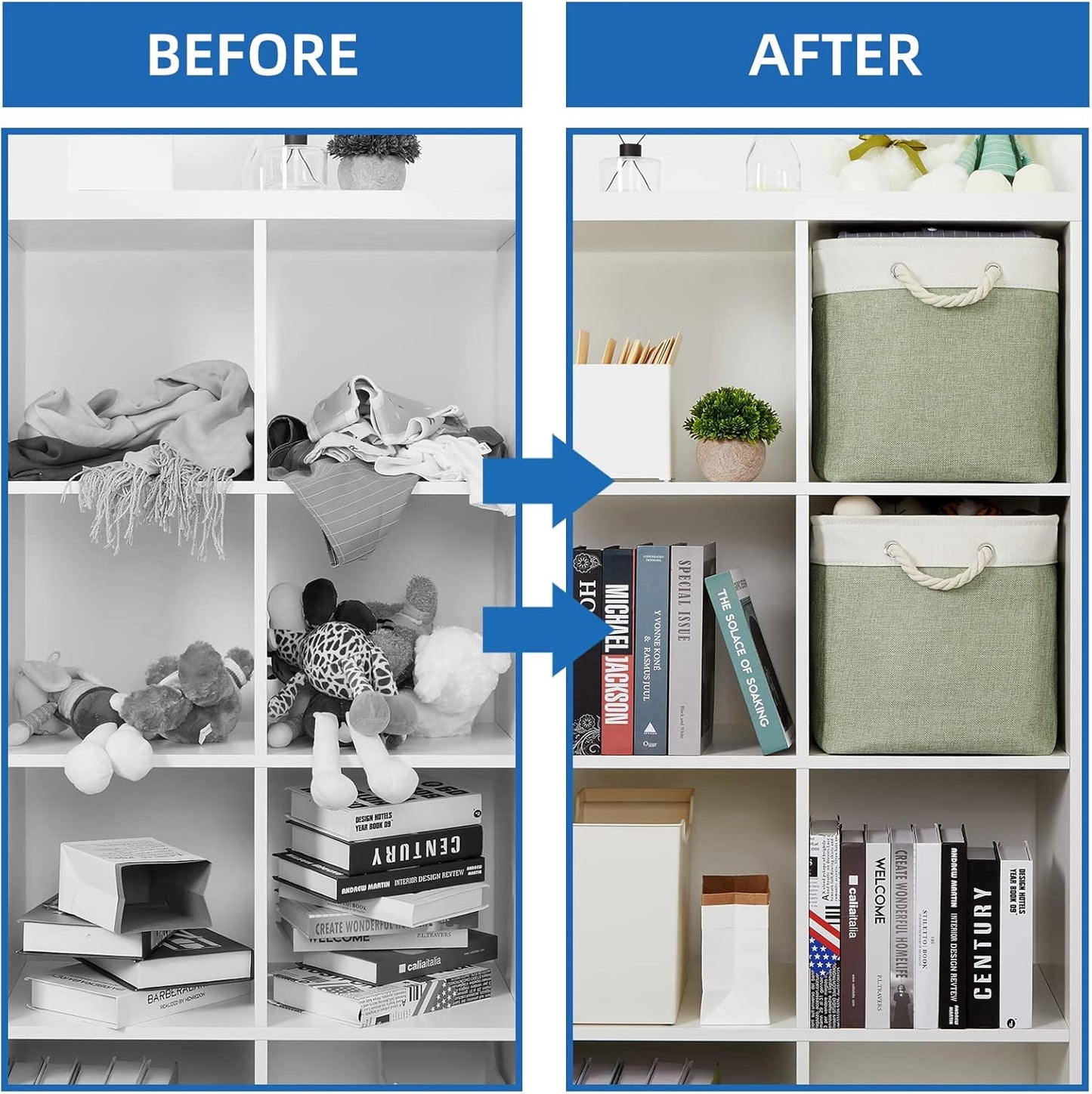 Temary Storage Baskets Fabric Storage Bins for Shelves, 2 Pack Decorative Storage Boxes Canvas Storage Basket with Handles for Organizing Clothes, Books(White&Green,16Lx12Wx12H Inches)