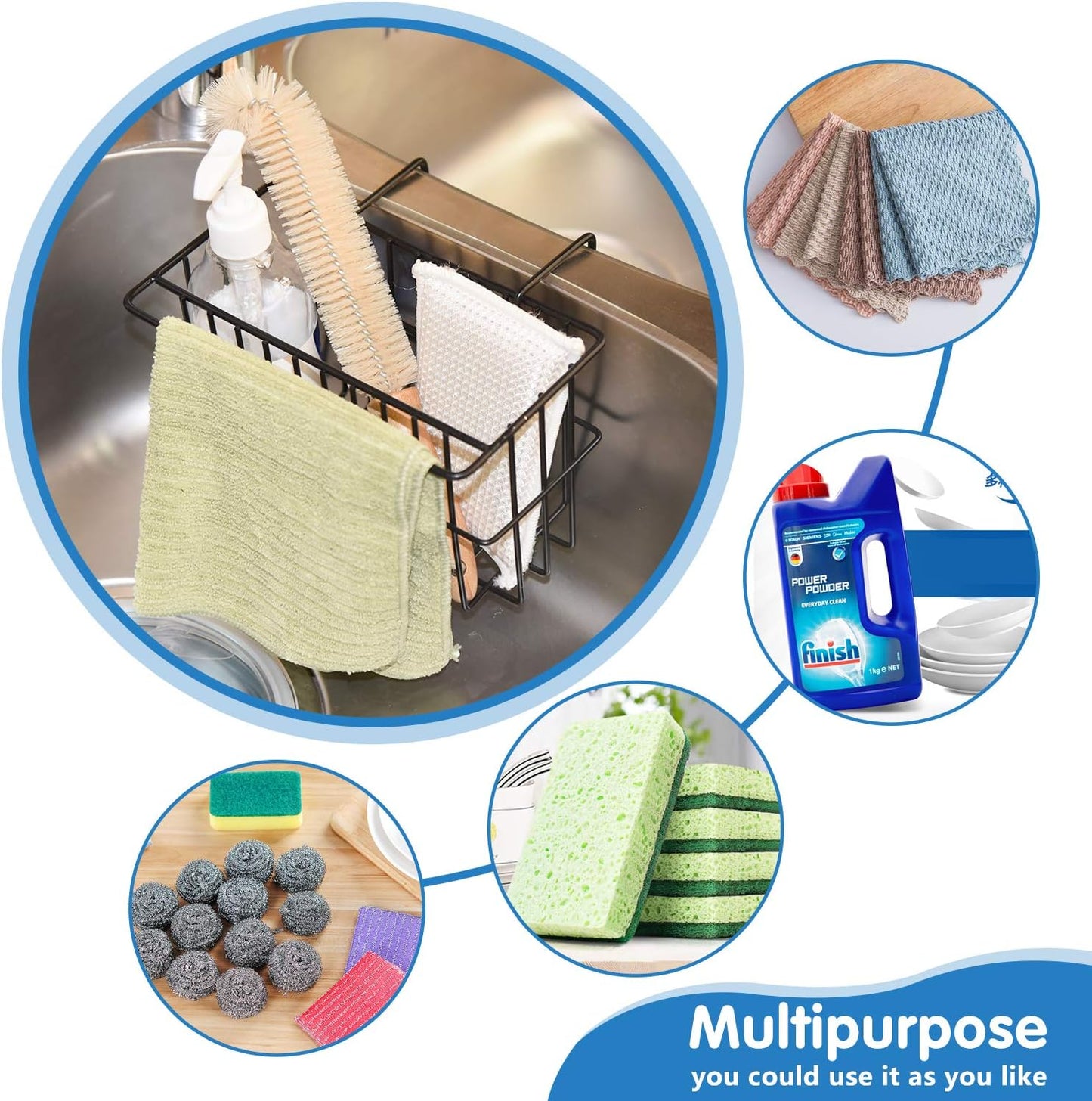 Kitchen Sponge Holder, Dish Brush Holder, Slim Sink Organization/Draining Basket/Liquid Drainer/Water Trough Rack, Kitchen Essential Tools, 304-Stainless Steel (Black)