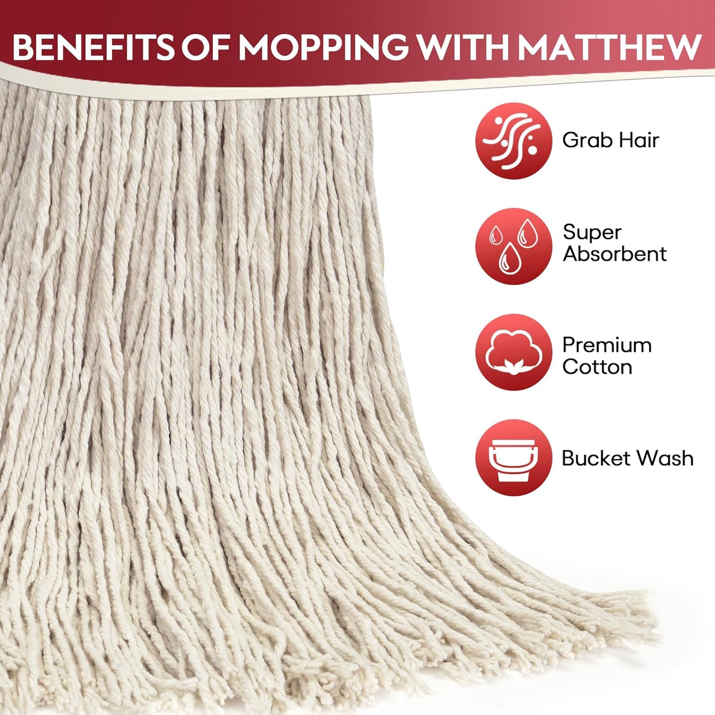 Matthew Cleaning 16oz 3Pack Cotton Floor Mop,Cotton Looped-Open String Heavy Duty String Refills, Universal Headband Blend,Mop Head Replacement for Home, Industrial and Commercial Use(White)