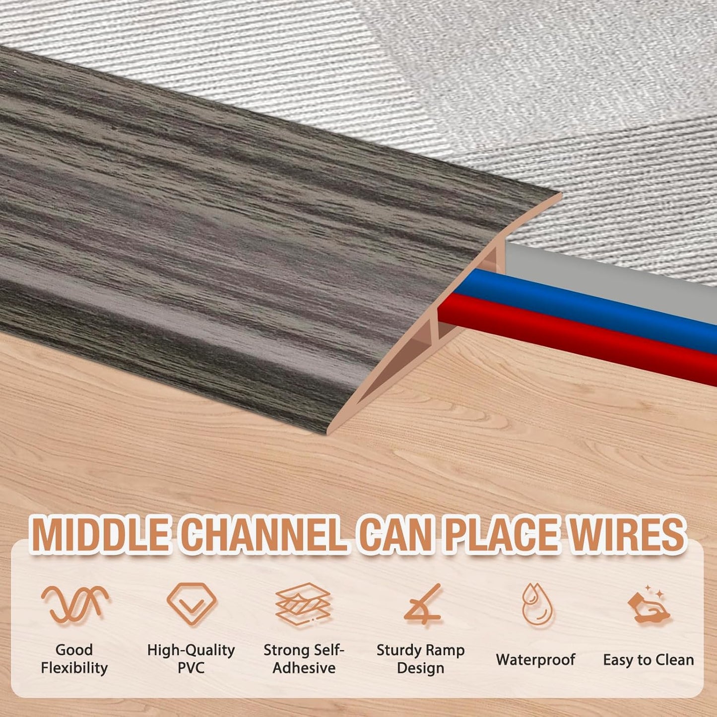 Floor Transition Strip Self Adhesive Vinyl Door Threshold for Doorways Carpet Edging Trim Overlap Edge Reducer for Laminate Floor, Carpet, Tile (Grayish Brown Wood Grain, 3/5" to 4/5", 6.6Ft)