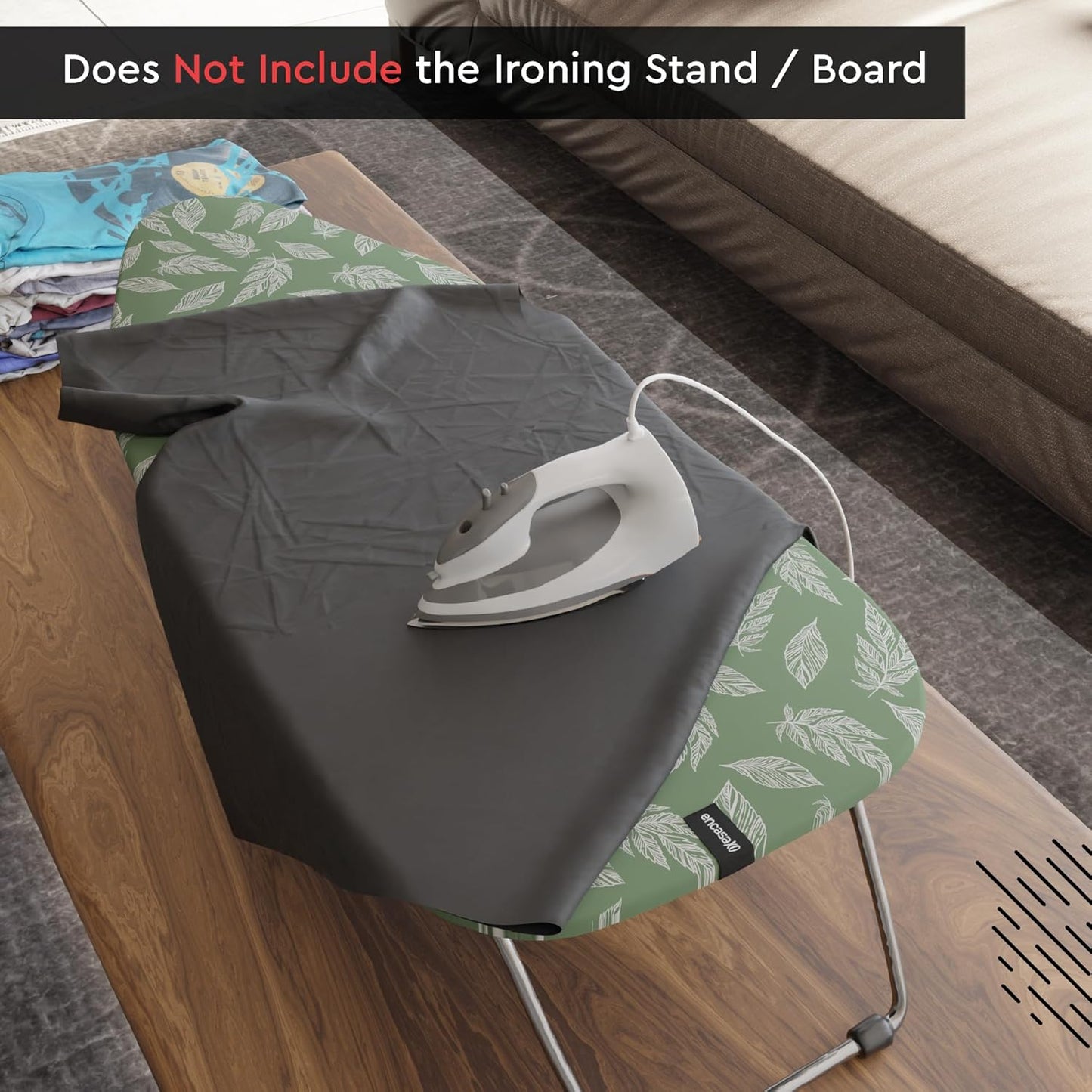 Encasa XO Ironing Board Cover and Pad 28"x12" - Thick 3mm Felt Padding, Drawstring Tightening & Lock, Easy Fit, Scorch & Stain Resistant, Fits Mini Ironing Board - Big Leaves Green