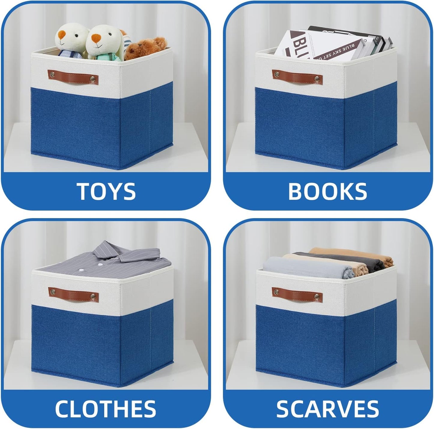 Temary 11 Storage Cube Bins for Shelves, Closet - 4 Pack Fabric Baskets With Leather Handles (White & Blue)