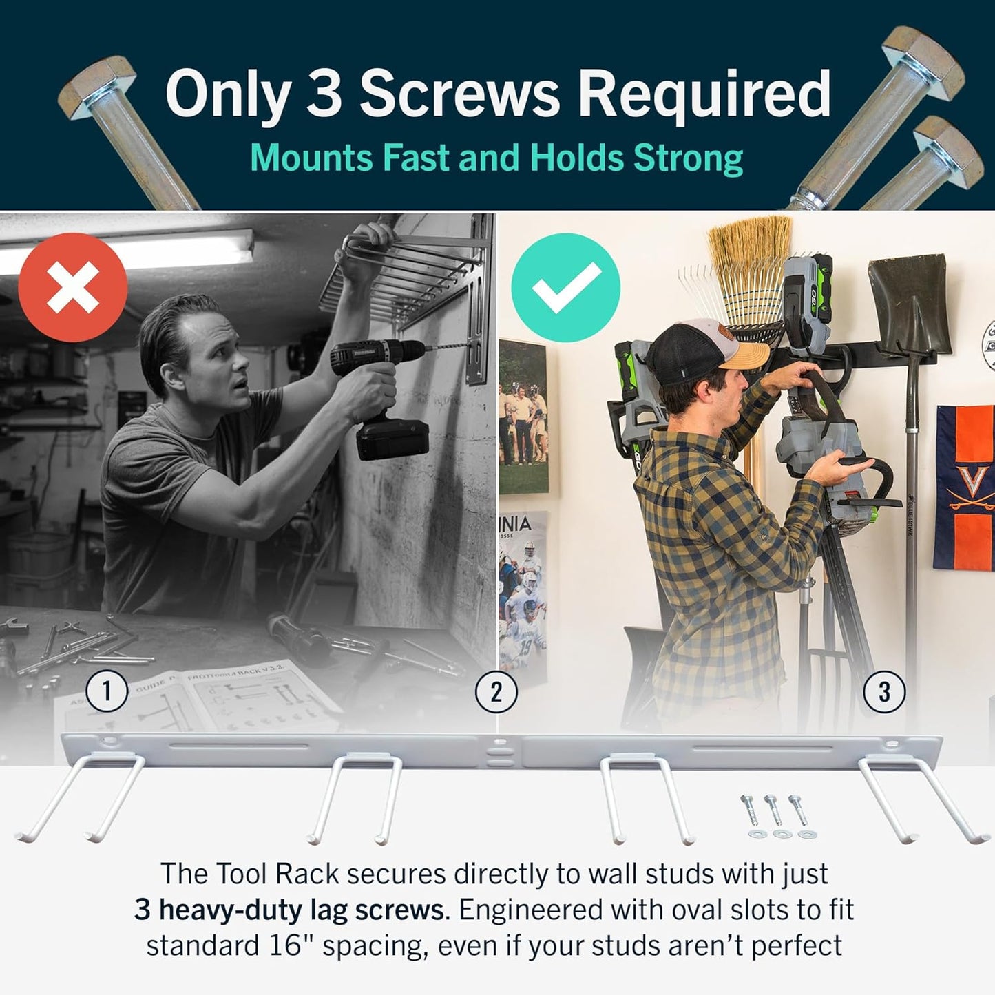 StoreYourBoard Wall-Mounted Rack With 4 Garage Hooks, Gray – Heavy-Duty Steel Holder Garage & Garden Storage for Shed, Workshop, or Home Organization – For Rakes, Shovels, Tools & More – 1 Pack, Gray