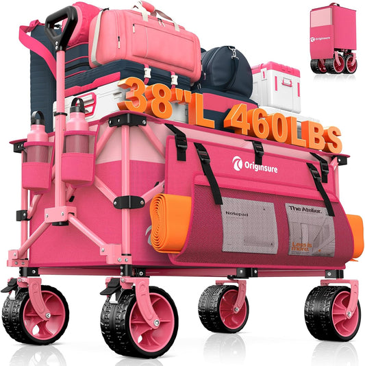 220L Collapsible Wagon Cart Foldable, 460lbs Load Capacity Heavy Duty Folding Beach Wagons with Big All-Terrain Wheels, Utility Carts for Groceries, Camping, Sports - Pink