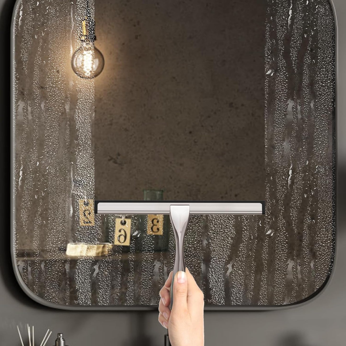 All-Purpose Stainless Steel Shower Squeegee for Glass Doors with Adhesive Hooks, Squeegee for Shower Glass, Bathroom Household Cleaner Tool for Window Mirror Tile Wall Car, 10 Inch Silver