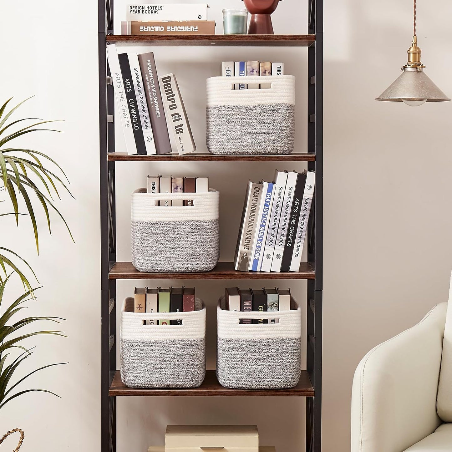 OIAHOMY 4 Pack Storage Baskets for Organizing, Basket for Shelves with Handle, Woven Baskets for Storage Toys, Towels, Books, Cotton Rope Basket 13" L x 9 " W x 7.8 " H, Grey & White