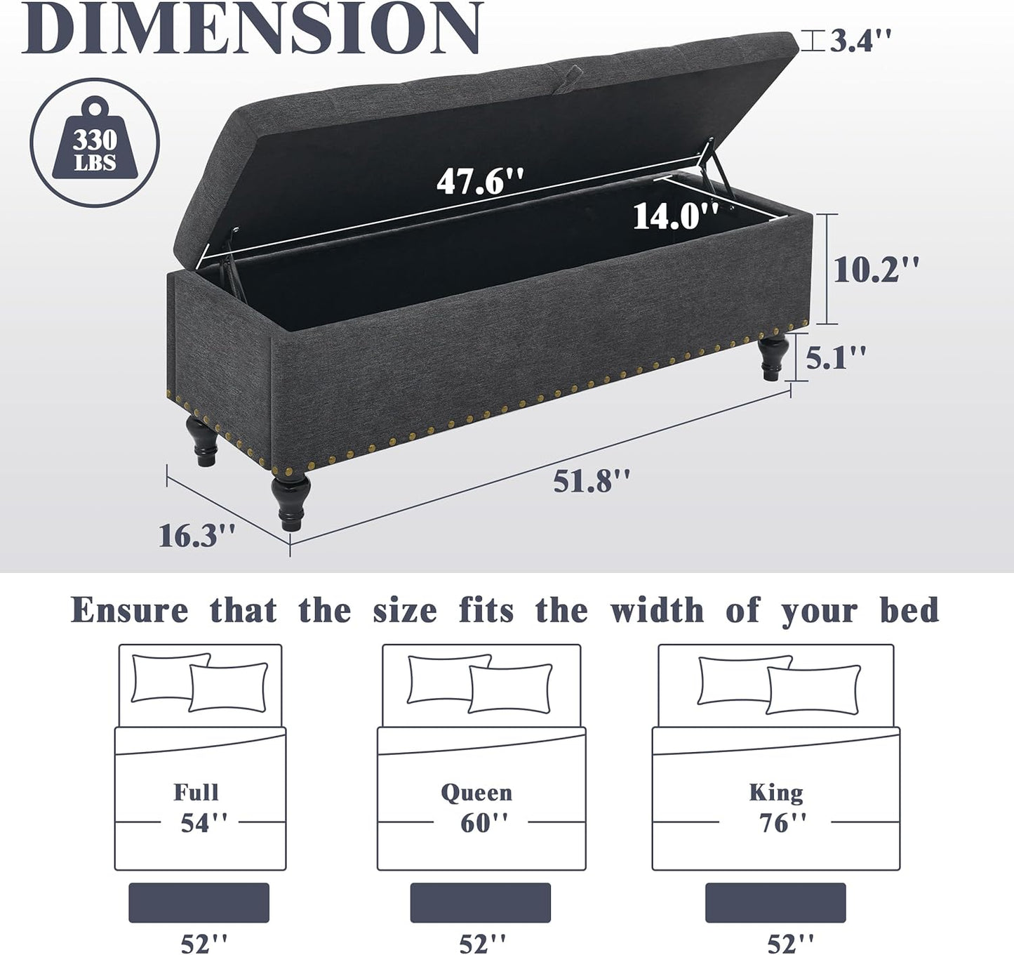 50" Storage Ottoman Bench, Tufted Ottoman with Storage for Living Room, Large End of Bed Ottomans, Modern Entryway Benchs, Window & Bedroom Benches for Foot of Bed (Dimgray)