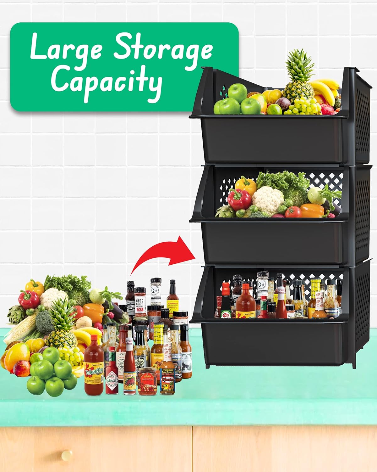 Skywin Plastic Stackable Storage Bins for Pantry - 3 Pack, Black Stackable Bins For Organizing Food, Kitchen, and Bathroom Essentials