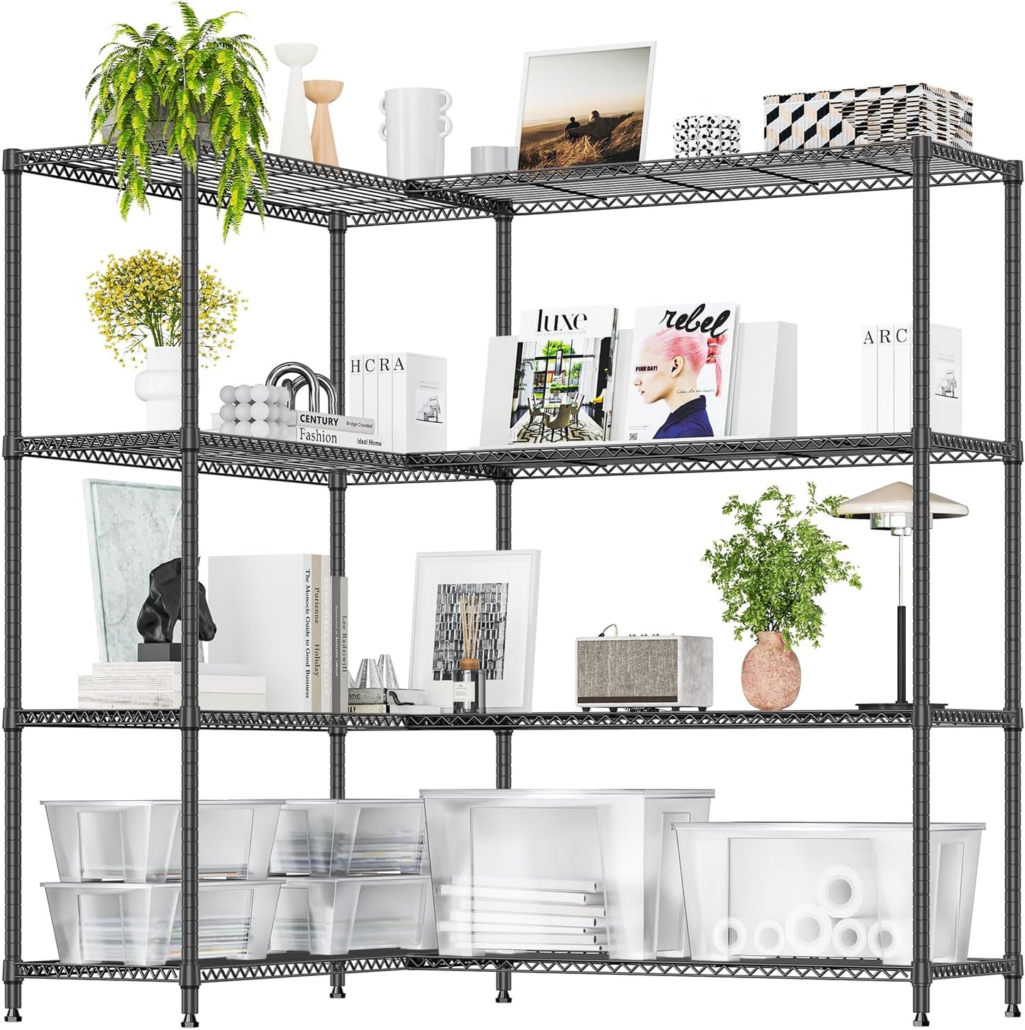 IZEUK 1147 LBS Garage Shelving Wide Storage Shelves Metal Shelves Heavy Duty Adjustable Utility Shelf Rack (Black, 4 Tiers, 15.7" D x 33.5" W x 59.5" H)