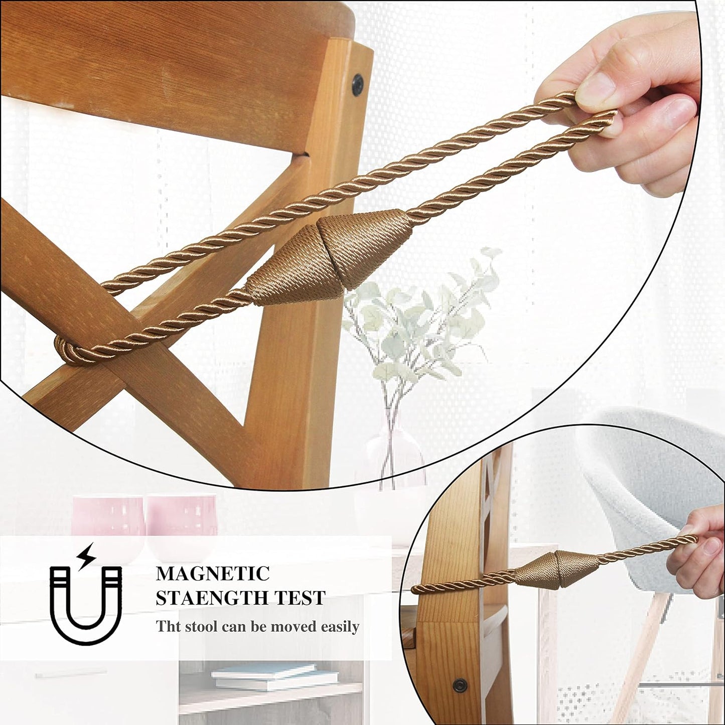 4 Pack Magnetic Curtain Tiebacks Rope Modern Handmade Curtain Tie Backs Decorative Drapes Weave Holdbacks for Window Décor, Khaki