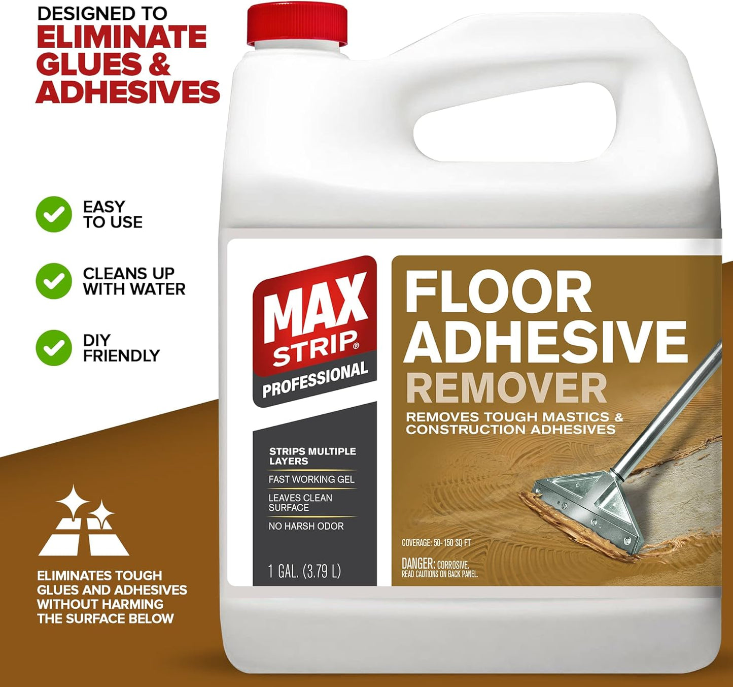 Max Strip Floor Adhesive Remover - 1 Gallon - Professional Fast Working Gel Strips Multiple Layers - Removes Tough Mastics and Construction Adhesives - No Harsh Odor Leaves Surface Clean
